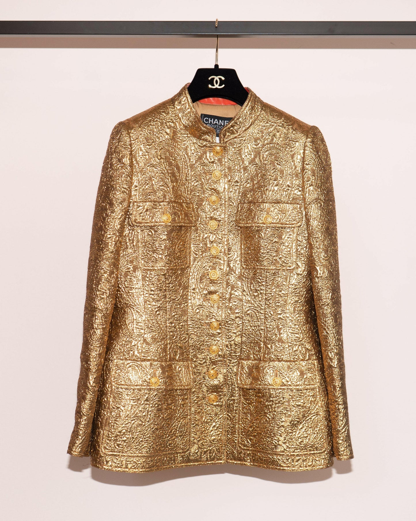 FR38-40 Rare Chanel Fall 1996 High Collar Four-Pocketed Gold Brocade Jacket - Vintage Chanel Jacket - - Rarchive.