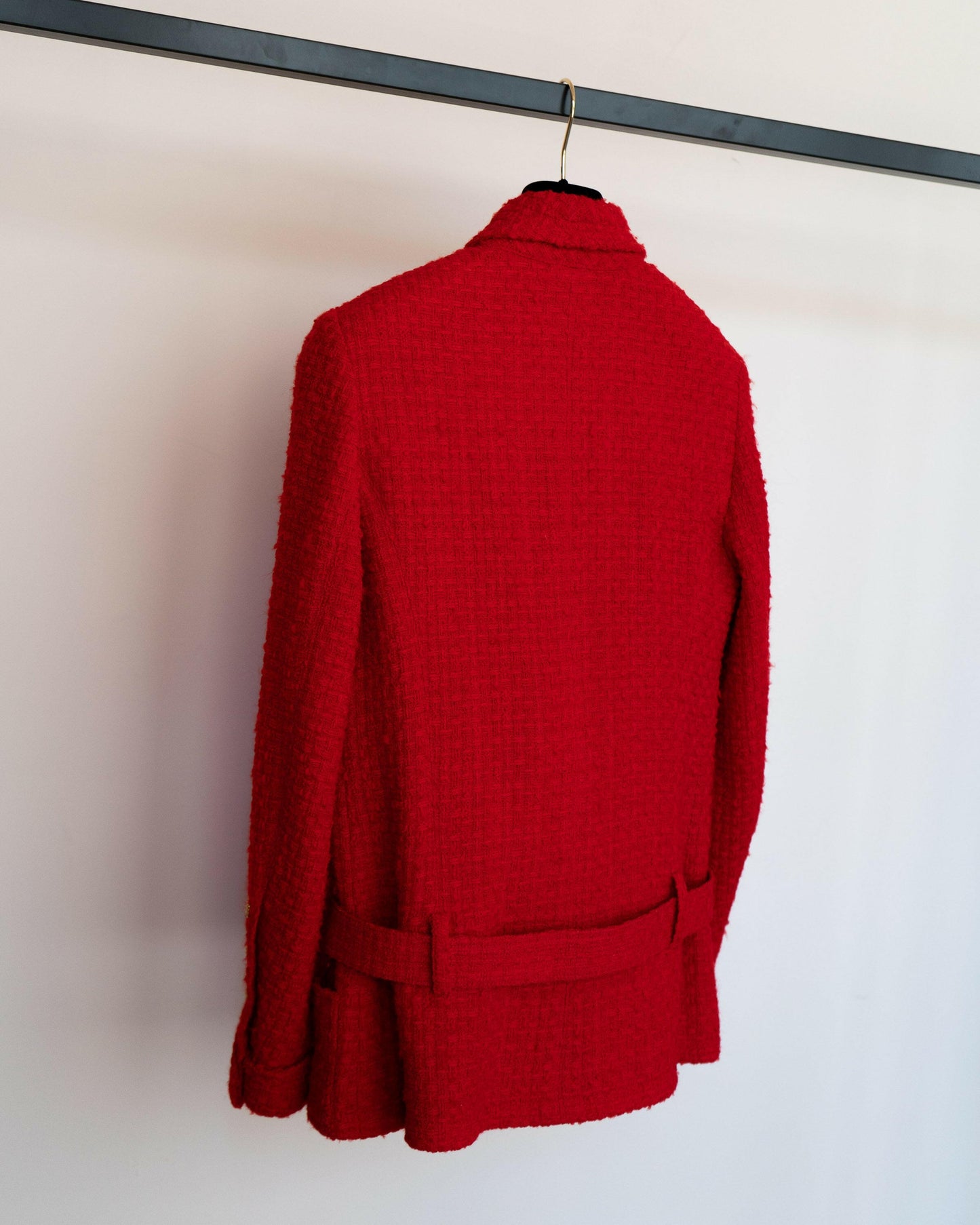 FR36-38 Rare Chanel Spring 1989 Two-Pocketed Belted Double-Breasted Red Tweed Jacket - Vintage Chanel Jacket - - Rarchive.