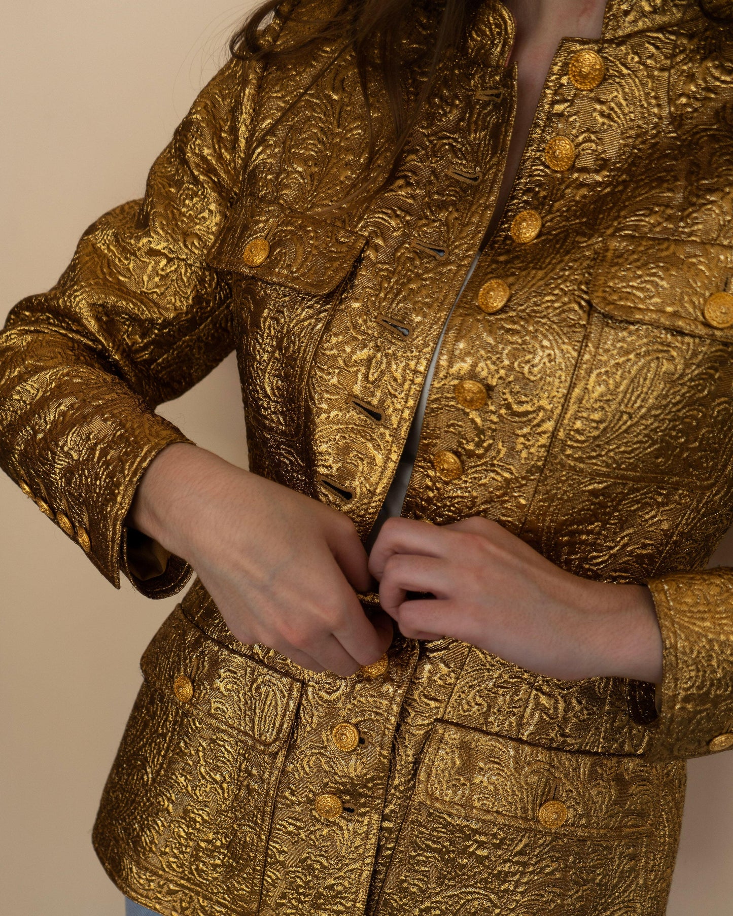FR38-40 Rare Chanel Fall 1996 High Collar Four-Pocketed Gold Brocade Jacket