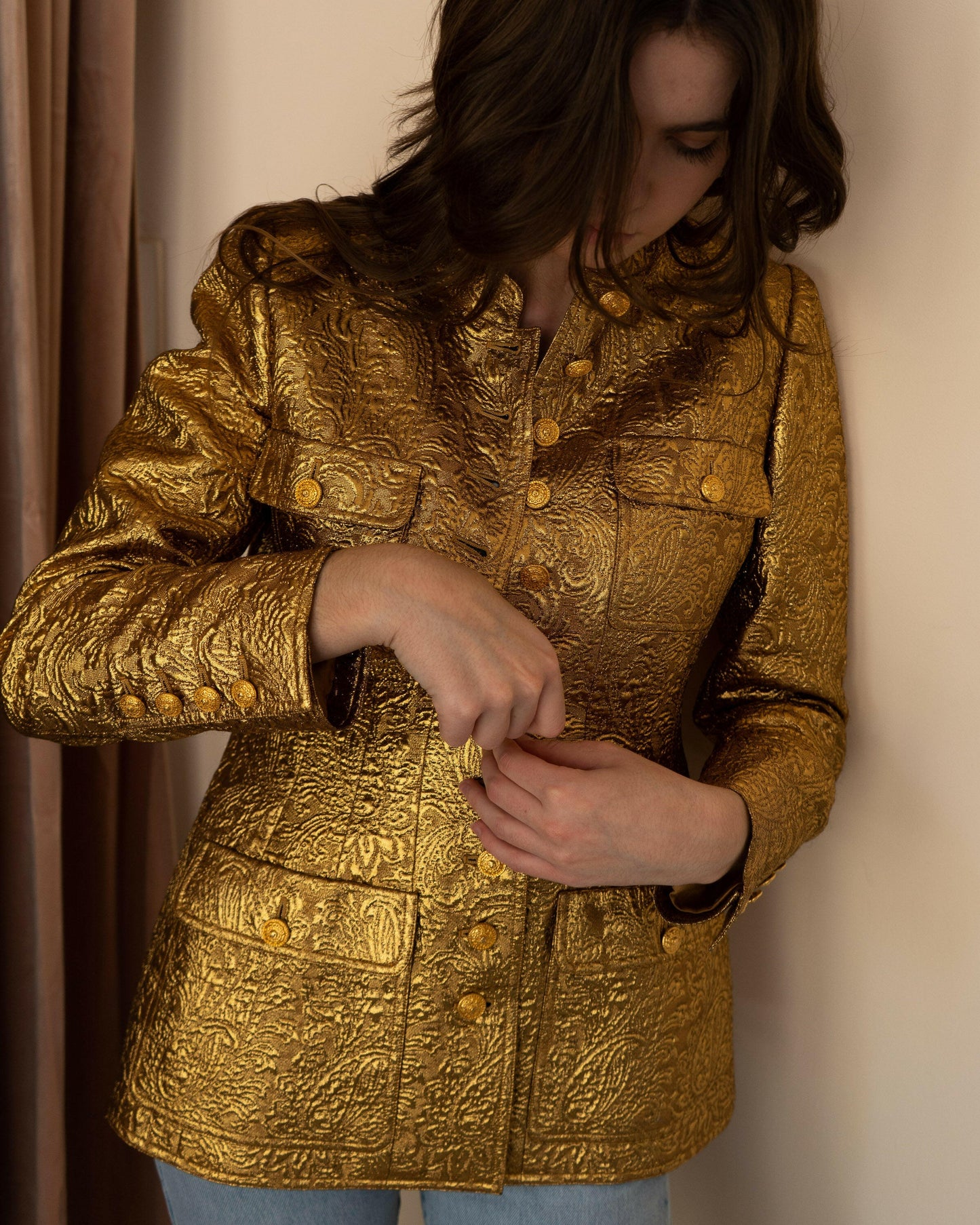 FR38-40 Rare Chanel Fall 1996 High Collar Four-Pocketed Gold Brocade Jacket - Vintage Chanel Jacket - - Rarchive.