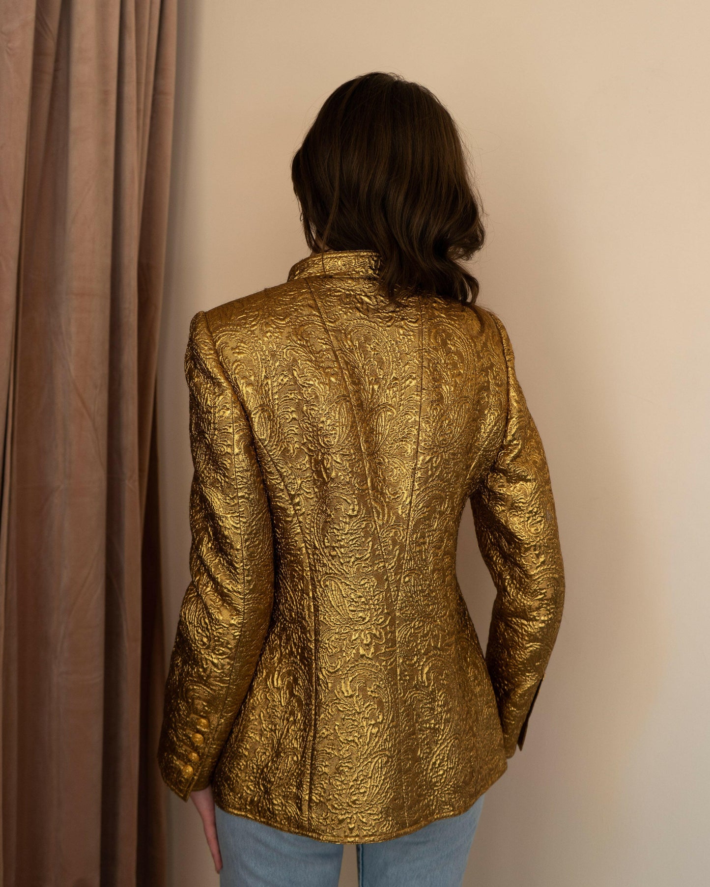 FR38-40 Rare Chanel Fall 1996 High Collar Four-Pocketed Gold Brocade Jacket