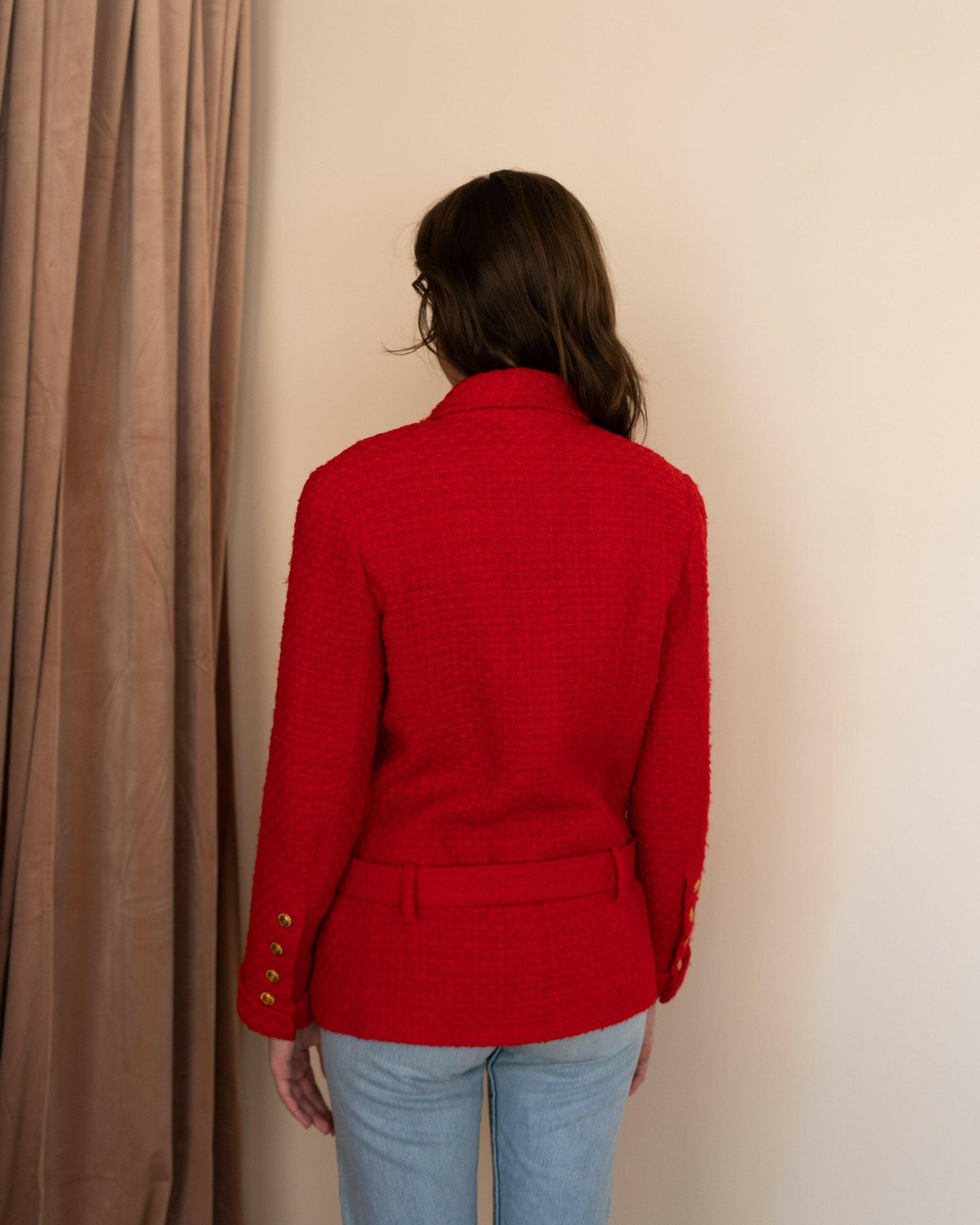 FR36-38 Rare Chanel Spring 1989 Two-Pocketed Belted Double-Breasted Red Tweed Jacket - Vintage Chanel Jacket - - Rarchive.