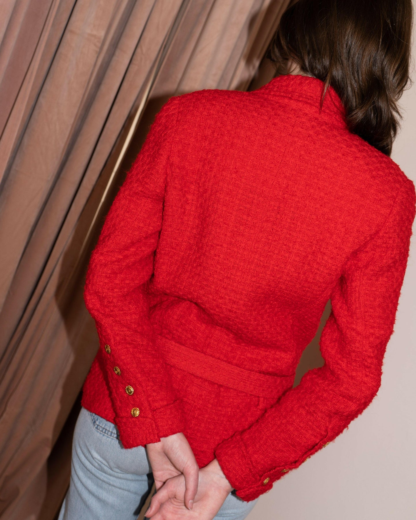 FR36-38 Rare Chanel Spring 1989 Two-Pocketed Belted Double-Breasted Red Tweed Jacket