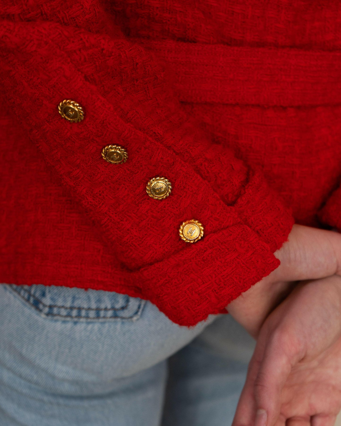 FR36-38 Rare Chanel Spring 1989 Two-Pocketed Belted Double-Breasted Red Tweed Jacket - Vintage Chanel Jacket - - Rarchive.