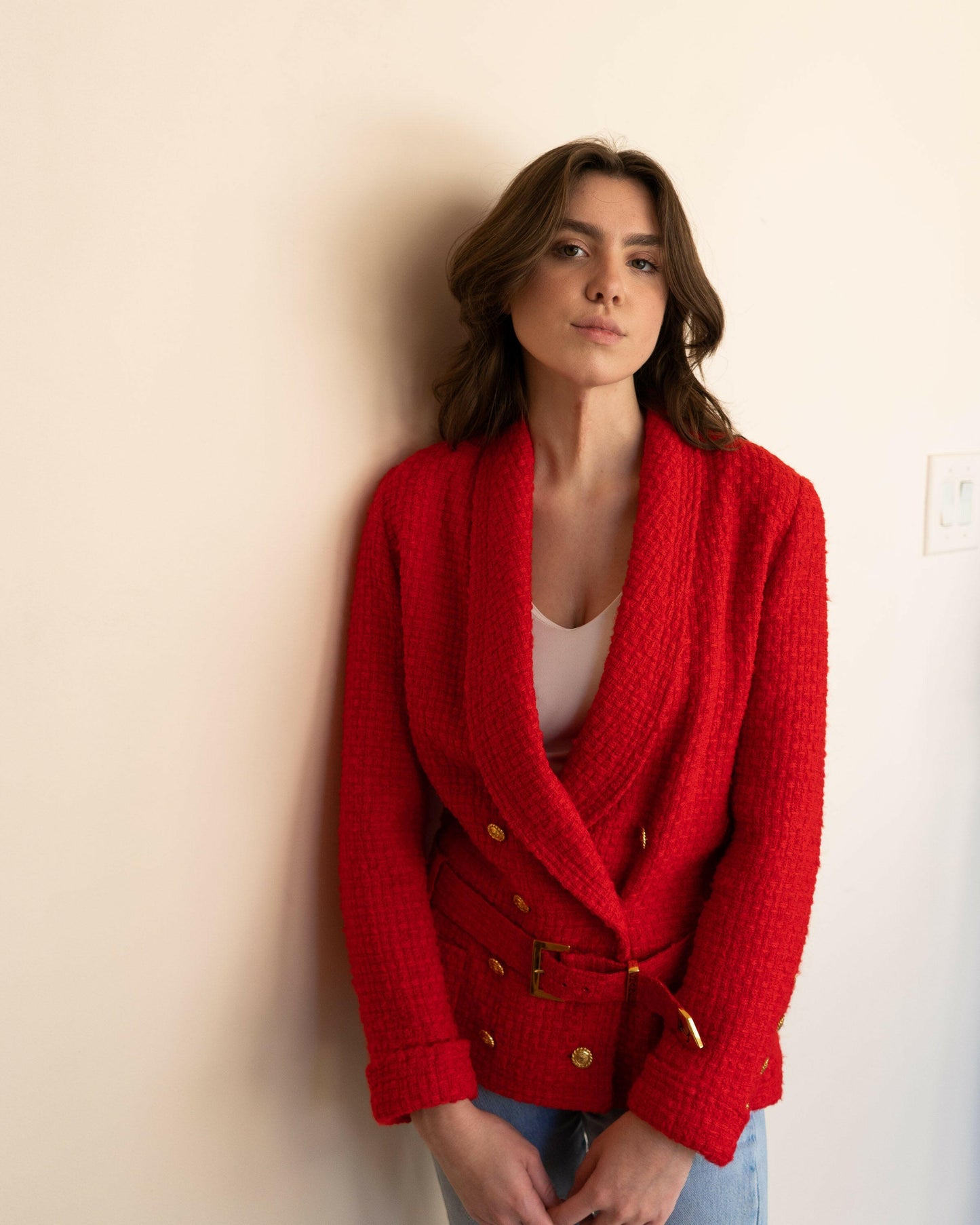 FR36-38 Rare Chanel Spring 1989 Two-Pocketed Belted Double-Breasted Red Tweed Jacket - Vintage Chanel Jacket - - Rarchive.