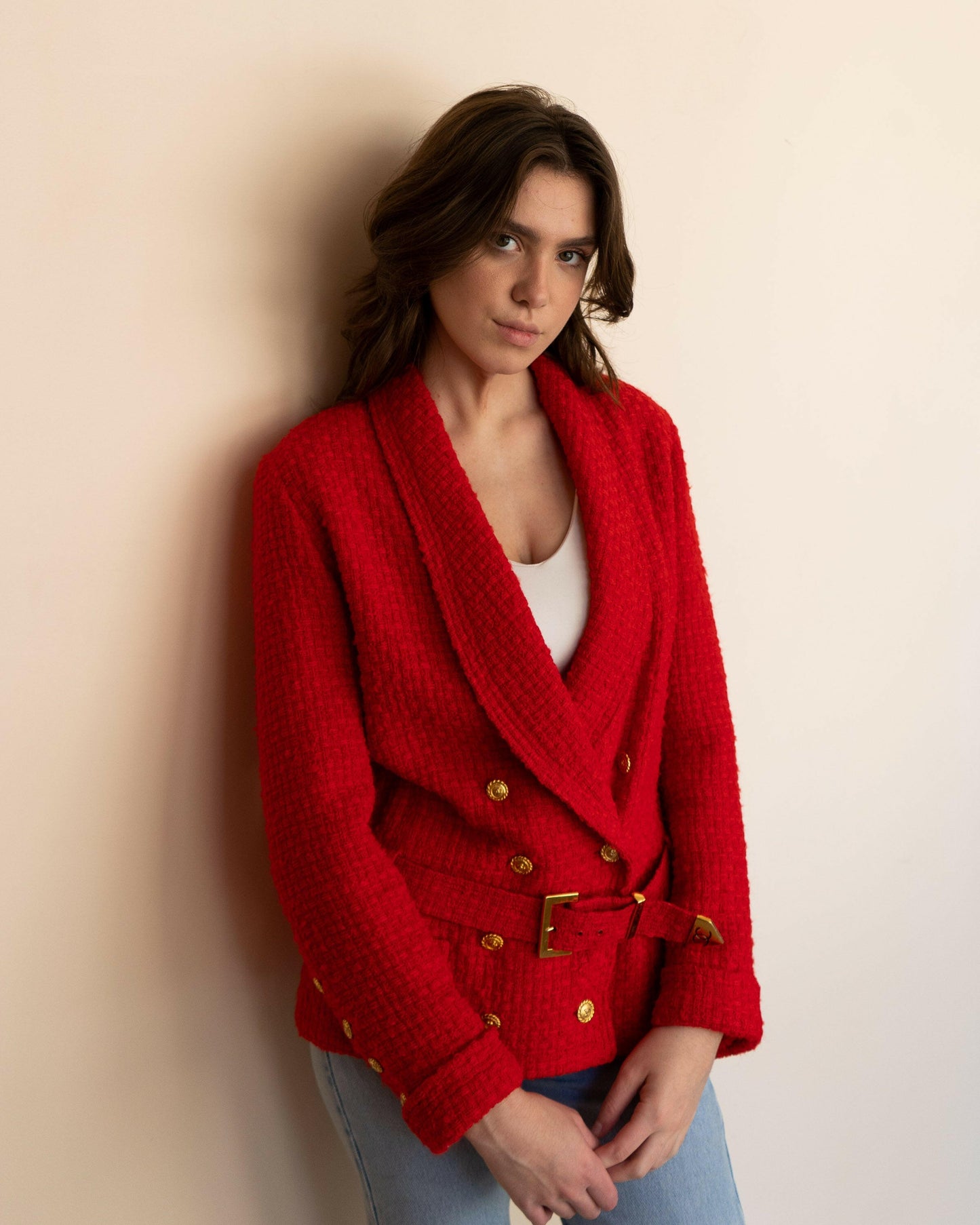 FR36-38 Rare Chanel Spring 1989 Two-Pocketed Belted Double-Breasted Red Tweed Jacket