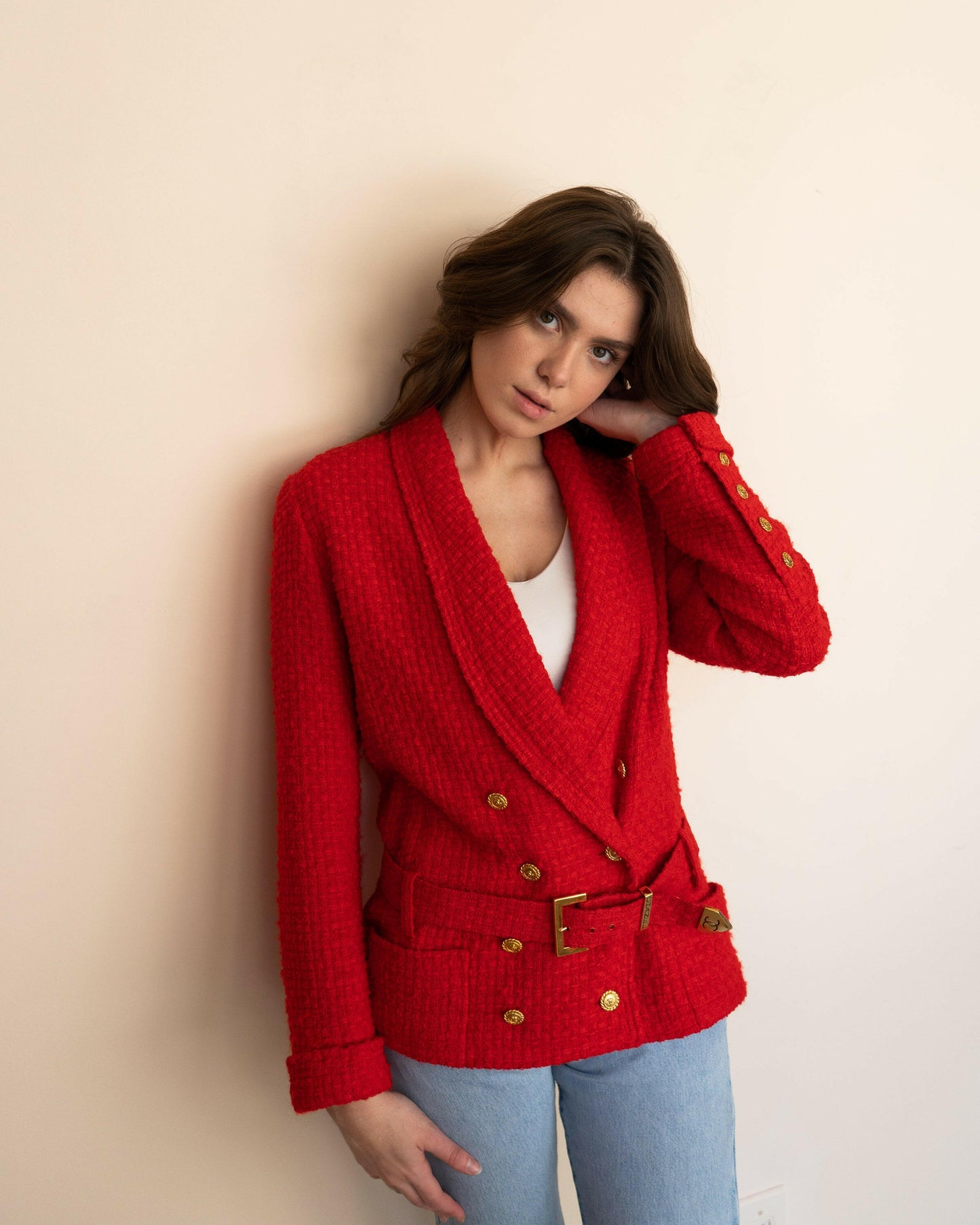 FR36-38 Rare Chanel Spring 1989 Two-Pocketed Belted Double-Breasted Red Tweed Jacket - Vintage Chanel Jacket - - Rarchive.