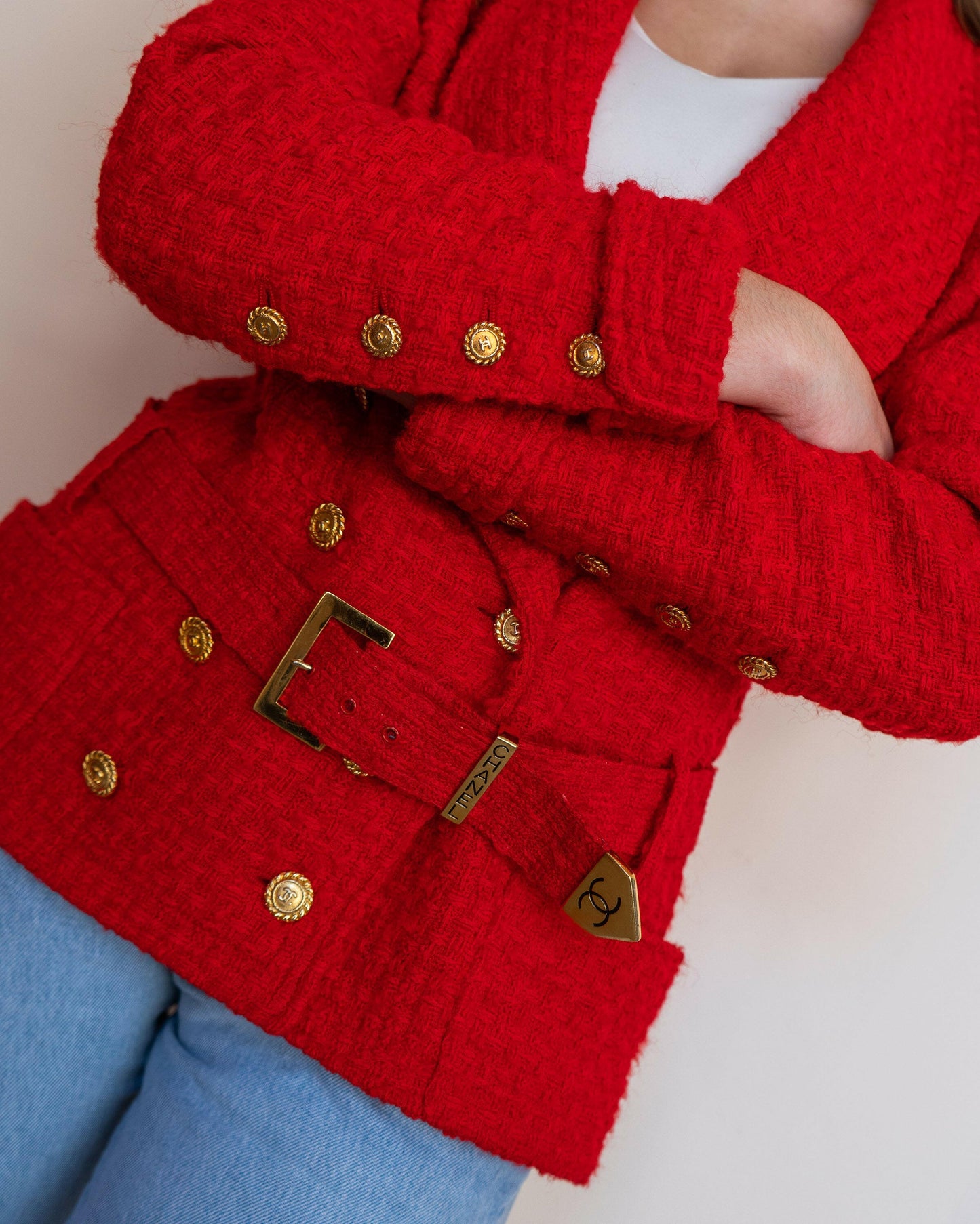 FR36-38 Rare Chanel Spring 1989 Two-Pocketed Belted Double-Breasted Red Tweed Jacket - Vintage Chanel Jacket - - Rarchive.