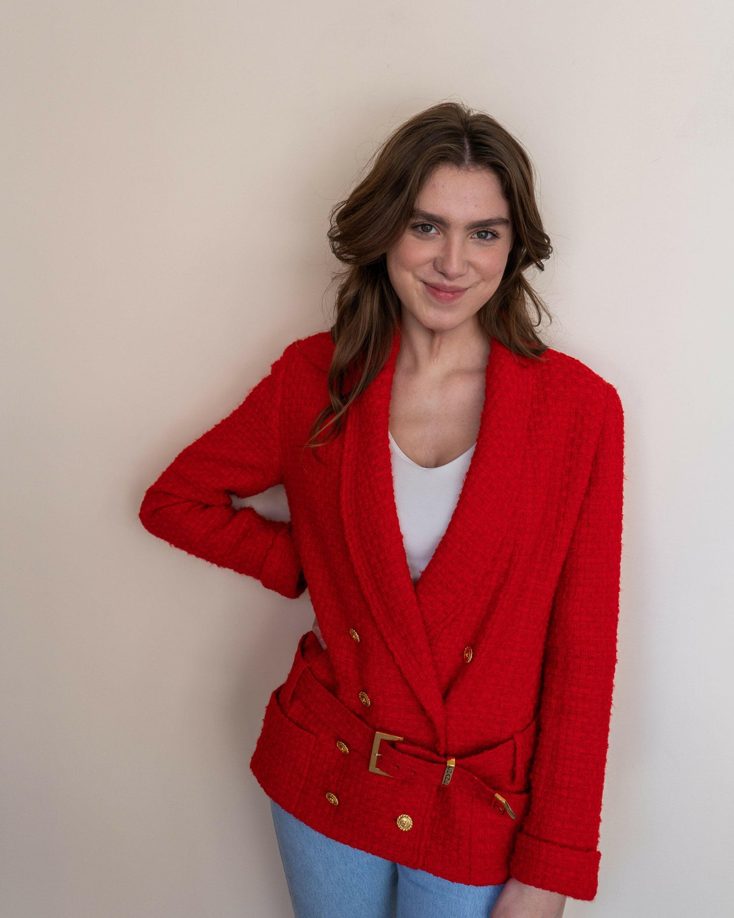 FR36-38 Rare Chanel Spring 1989 Two-Pocketed Belted Double-Breasted Red Tweed Jacket - Vintage Chanel Jacket - - Rarchive.