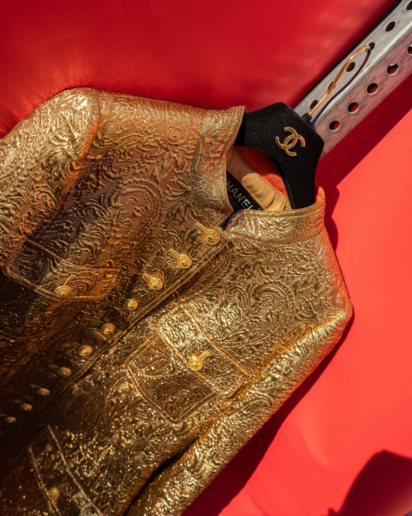 FR38-40 Rare Chanel Fall 1996 High Collar Four-Pocketed Gold Brocade Jacket - Vintage Chanel Jacket - - Rarchive.