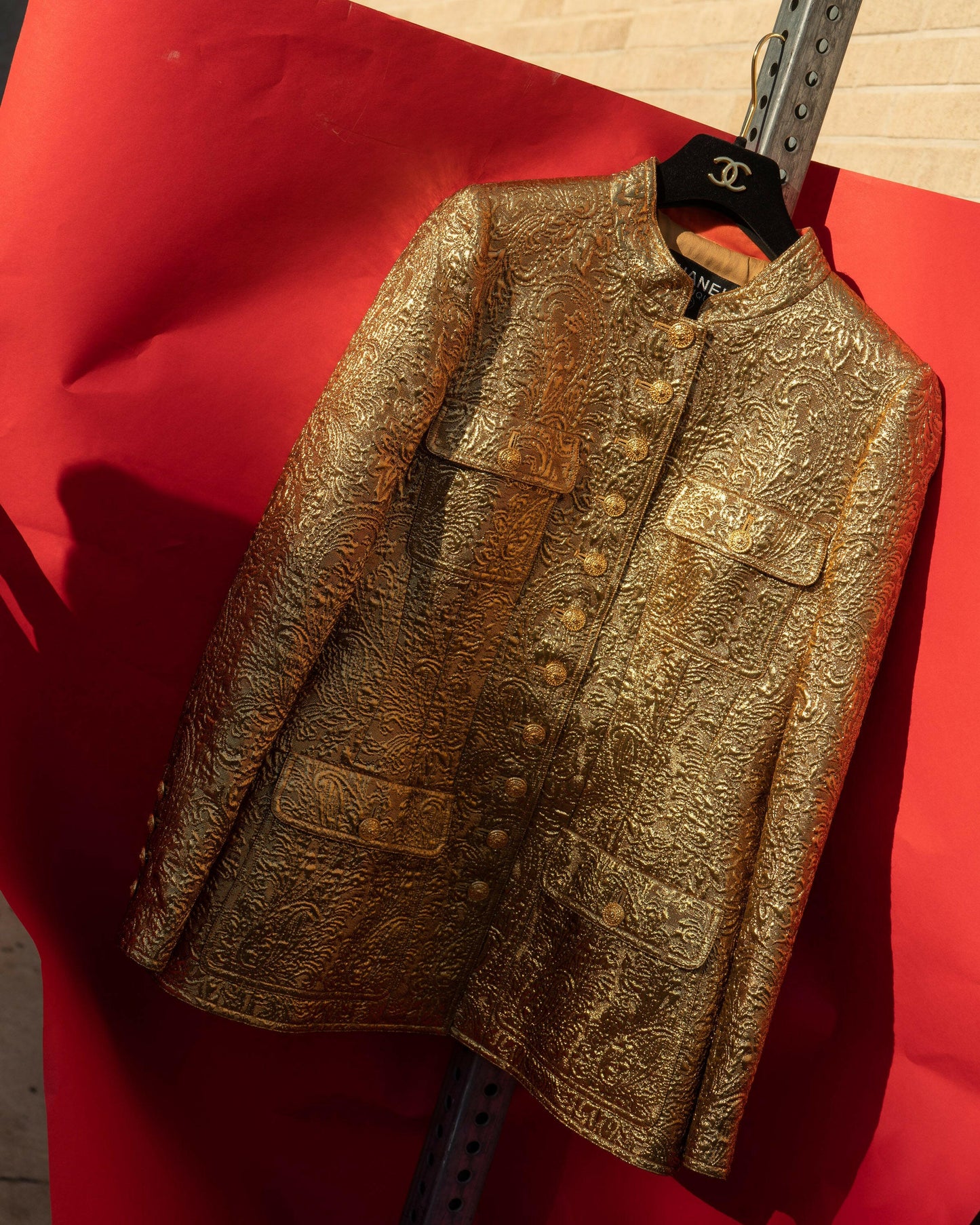 FR38-40 Rare Chanel Fall 1996 High Collar Four-Pocketed Gold Brocade Jacket