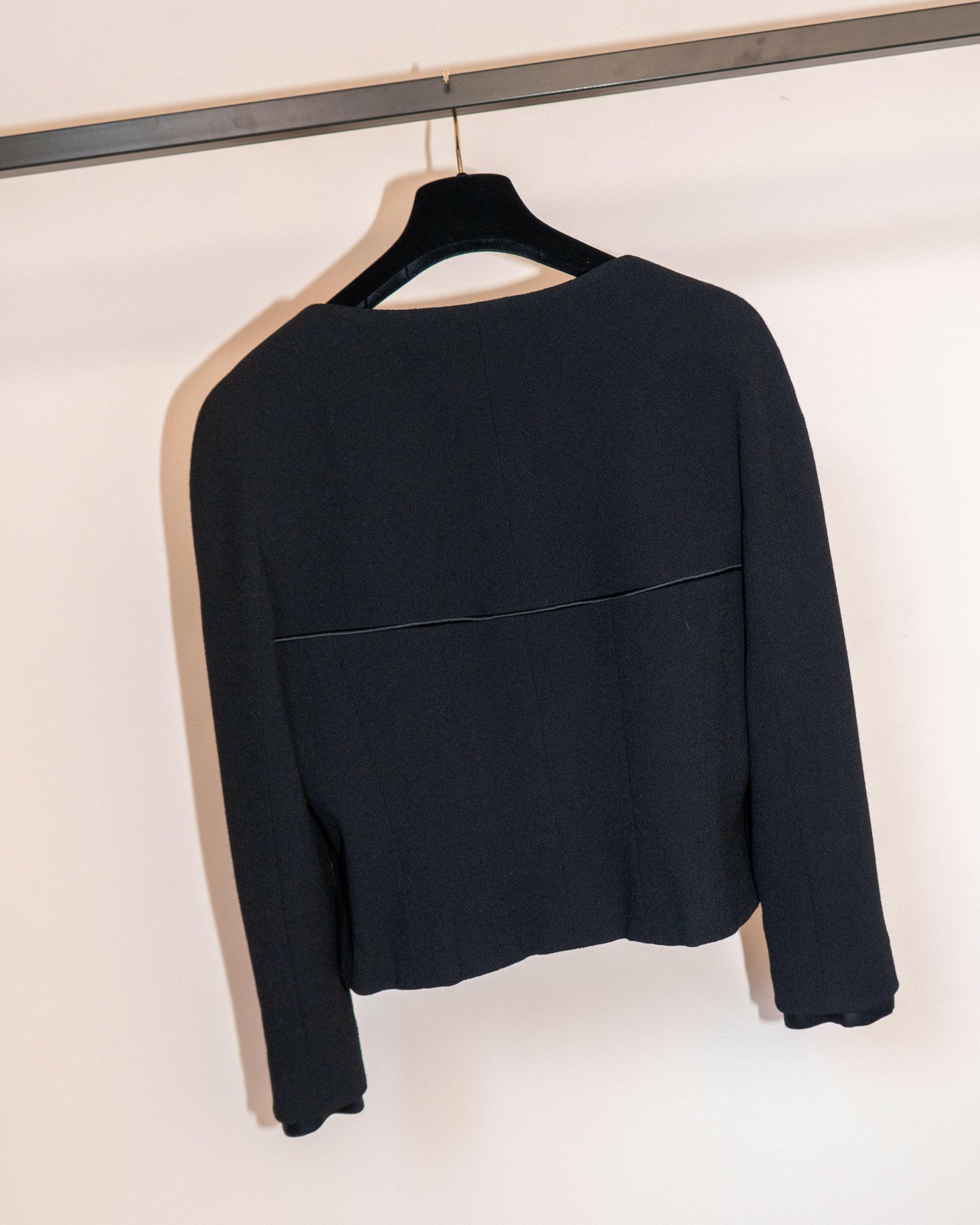 FR40-42 Chanel Fall 2002 Collarless Two-Pocketed Cropped Cut Black Boxy Wool Jacket - Vintage Chanel Jacket - - Rarchive.