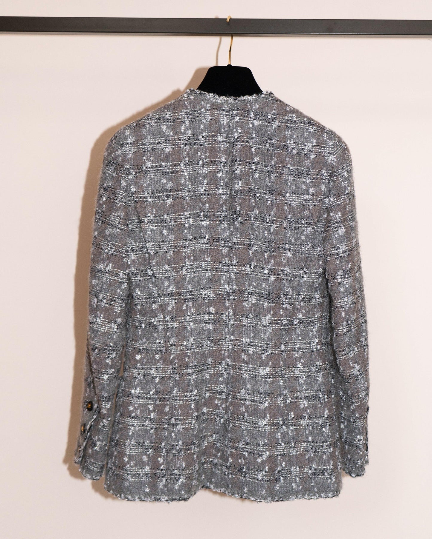 FR34-36 Rare Chanel Fall 1993 Four Pocketed Gray and Silver Fantasy Tweed Jacket - Vintage Chanel Jacket - - Rarchive.