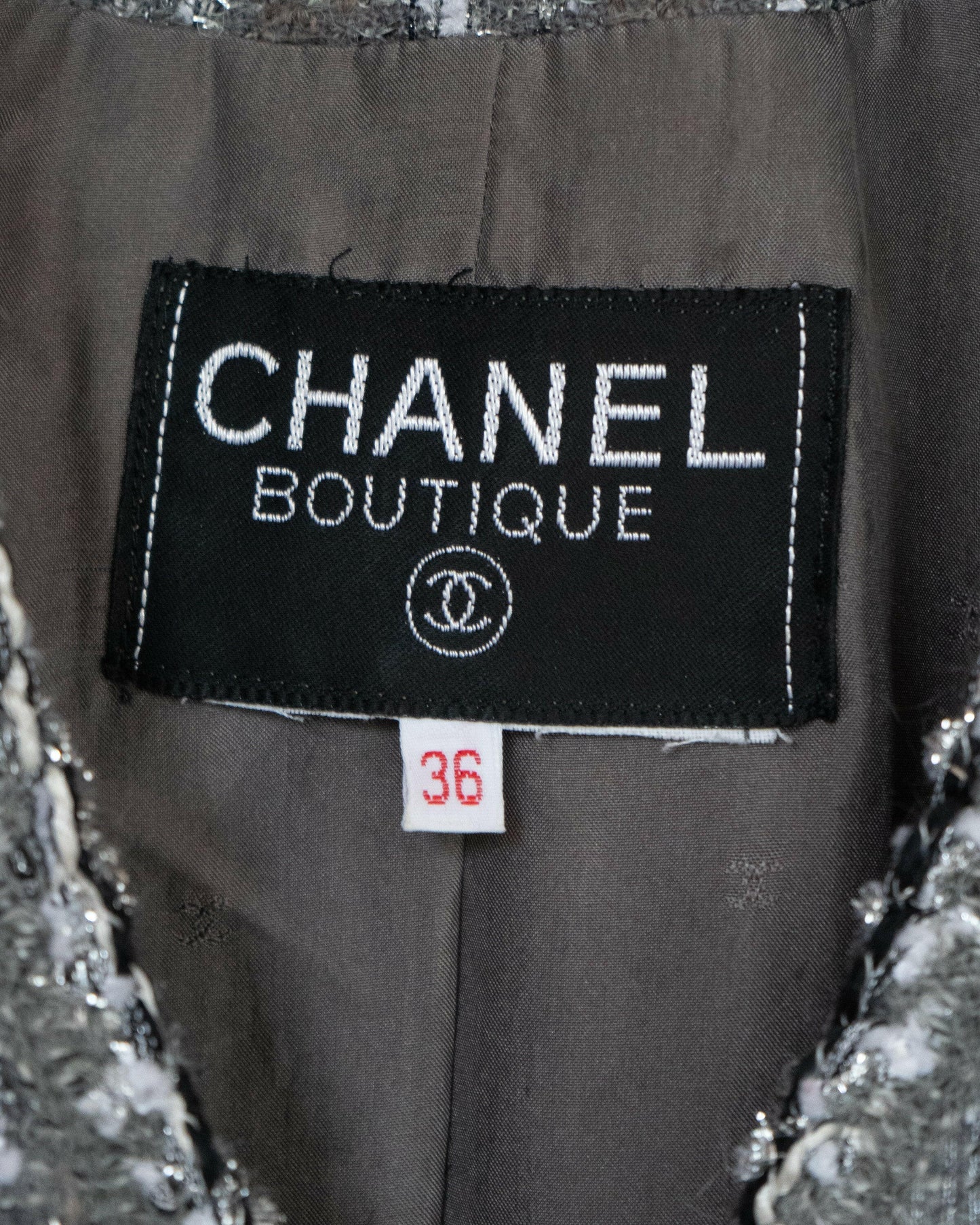 FR34-36 Rare Chanel Fall 1993 Four Pocketed Gray and Silver Fantasy Tweed Jacket - Vintage Chanel Jacket - - Rarchive.