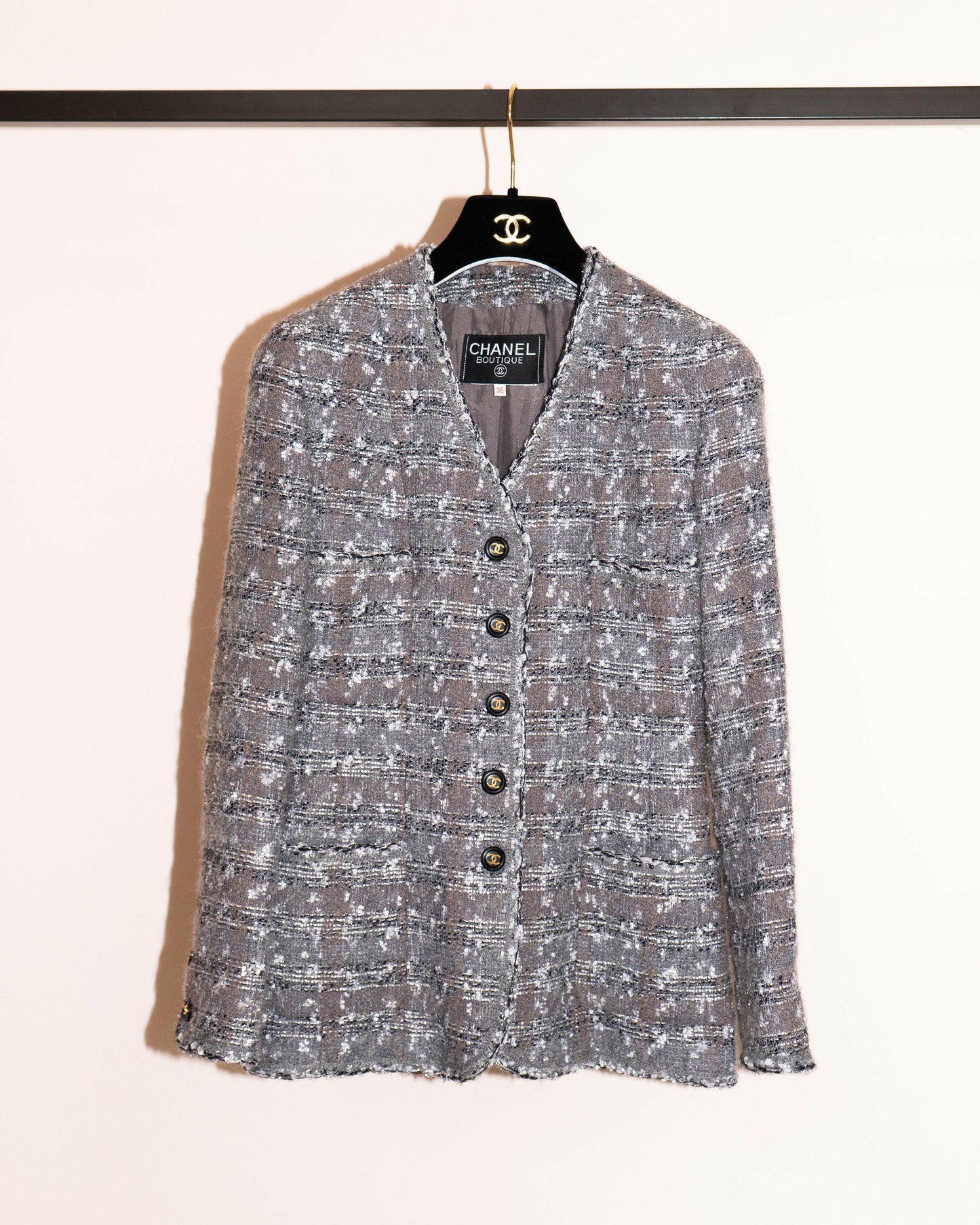 FR34-36 Rare Chanel Fall 1993 Four Pocketed Gray and Silver Fantasy Tweed Jacket - Vintage Chanel Jacket - - Rarchive.
