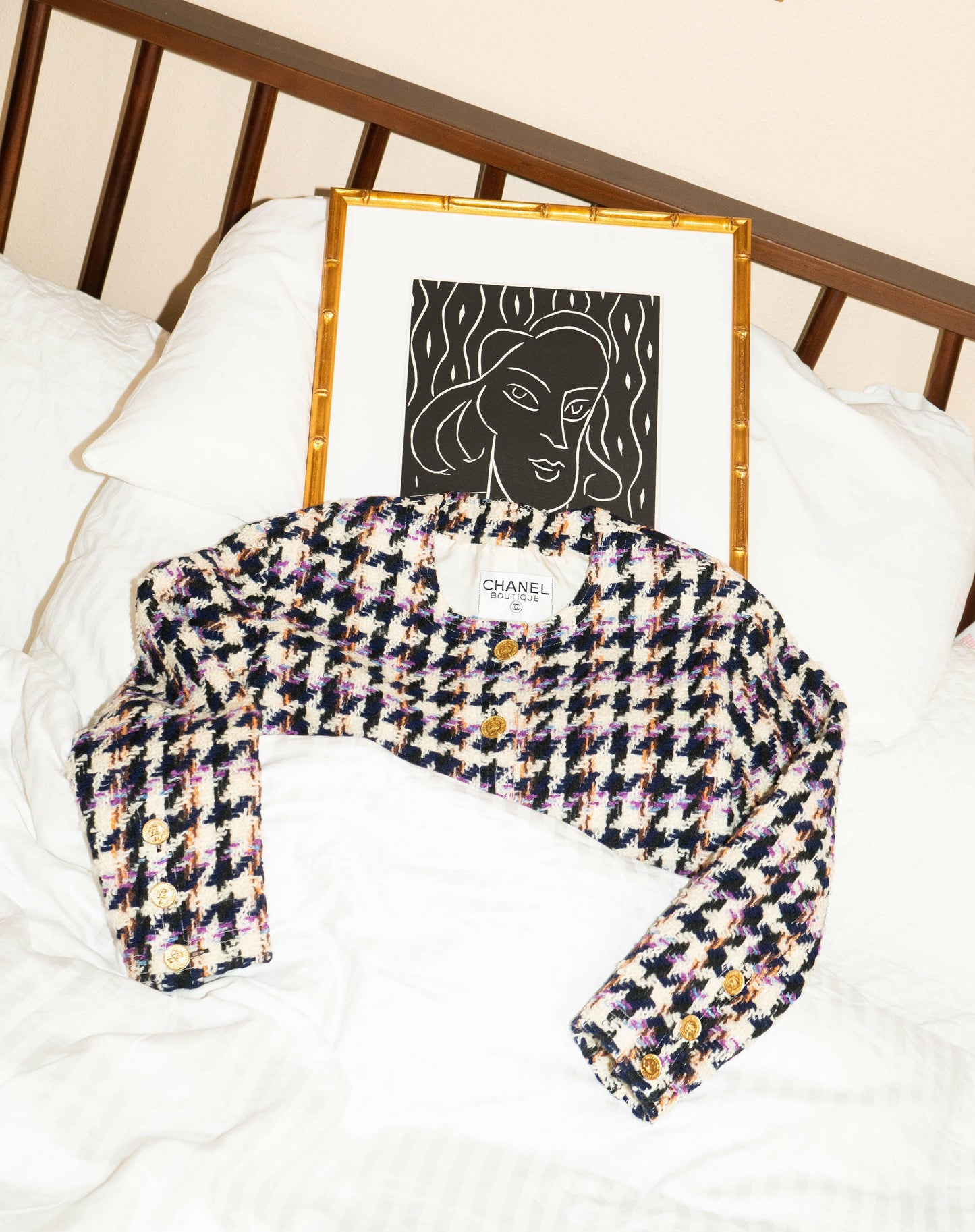 FR36-38 Chanel Fall 1987 Collarless Two-Pocketed Multicolor Houndstooth Tweed Jacket - Vintage Chanel Jacket - - Rarchive.