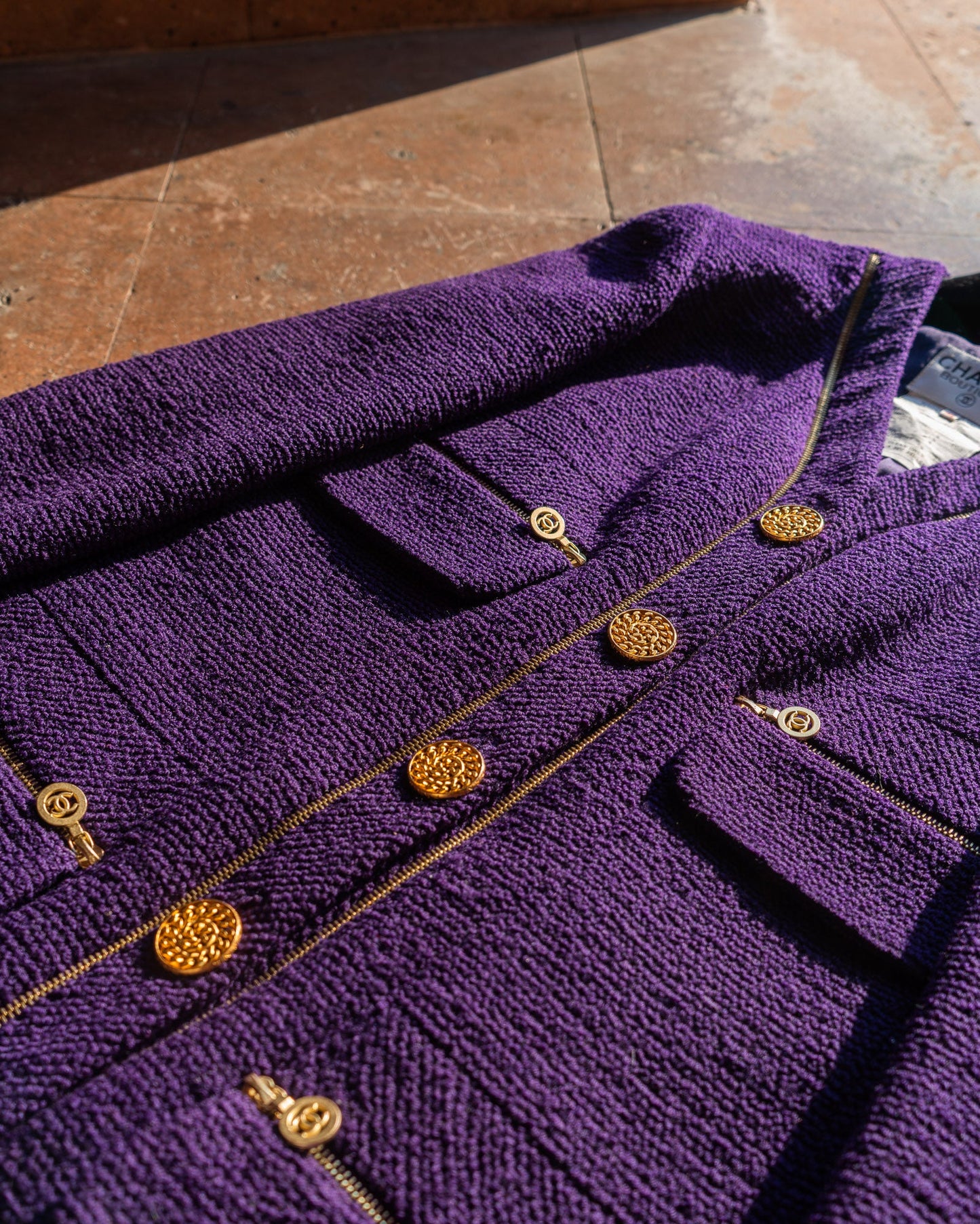FR42 Chanel Spring 1992 Four Pockets Zip Details Tweed Boucle Jacket in Royal Purple - Vintage Chanel Jacket - - Rarchive.