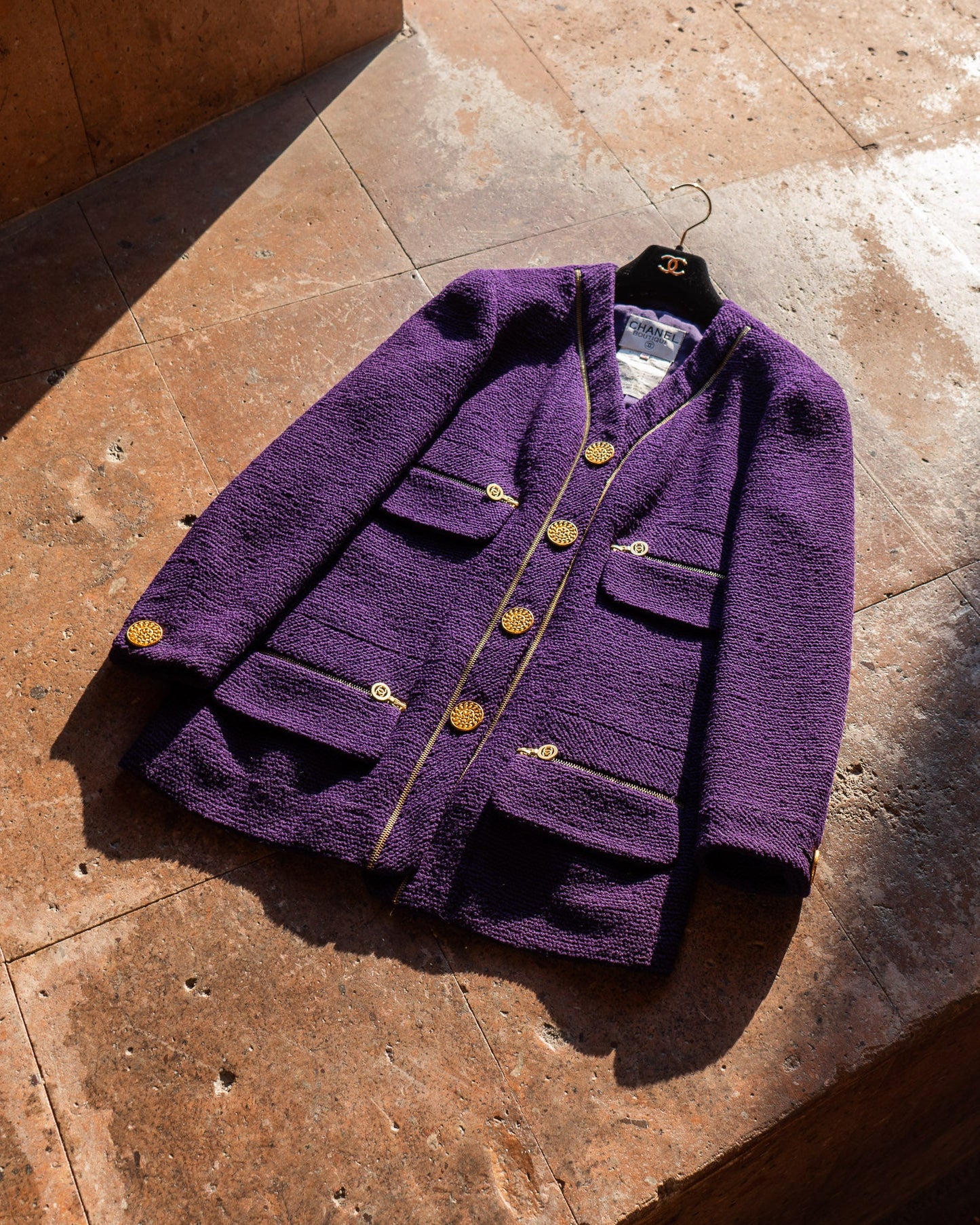 FR42 Chanel Spring 1992 Four Pockets Zip Details Tweed Boucle Jacket in Royal Purple - Vintage Chanel Jacket - - Rarchive.