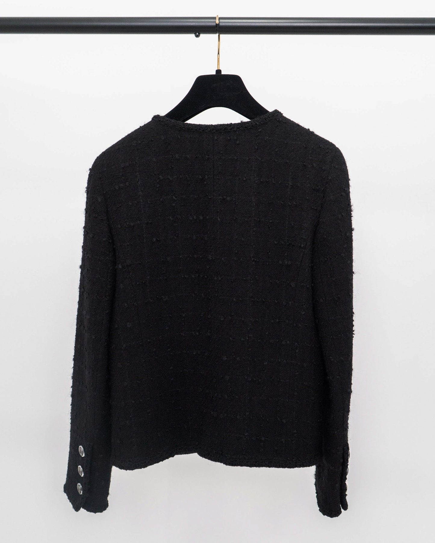 FR34-36 Rare Chanel Fall 2009 Four-Pocketed Camellia Detail Tweed Jacket in Black - Vintage Chanel Jacket -   - Rarchive.