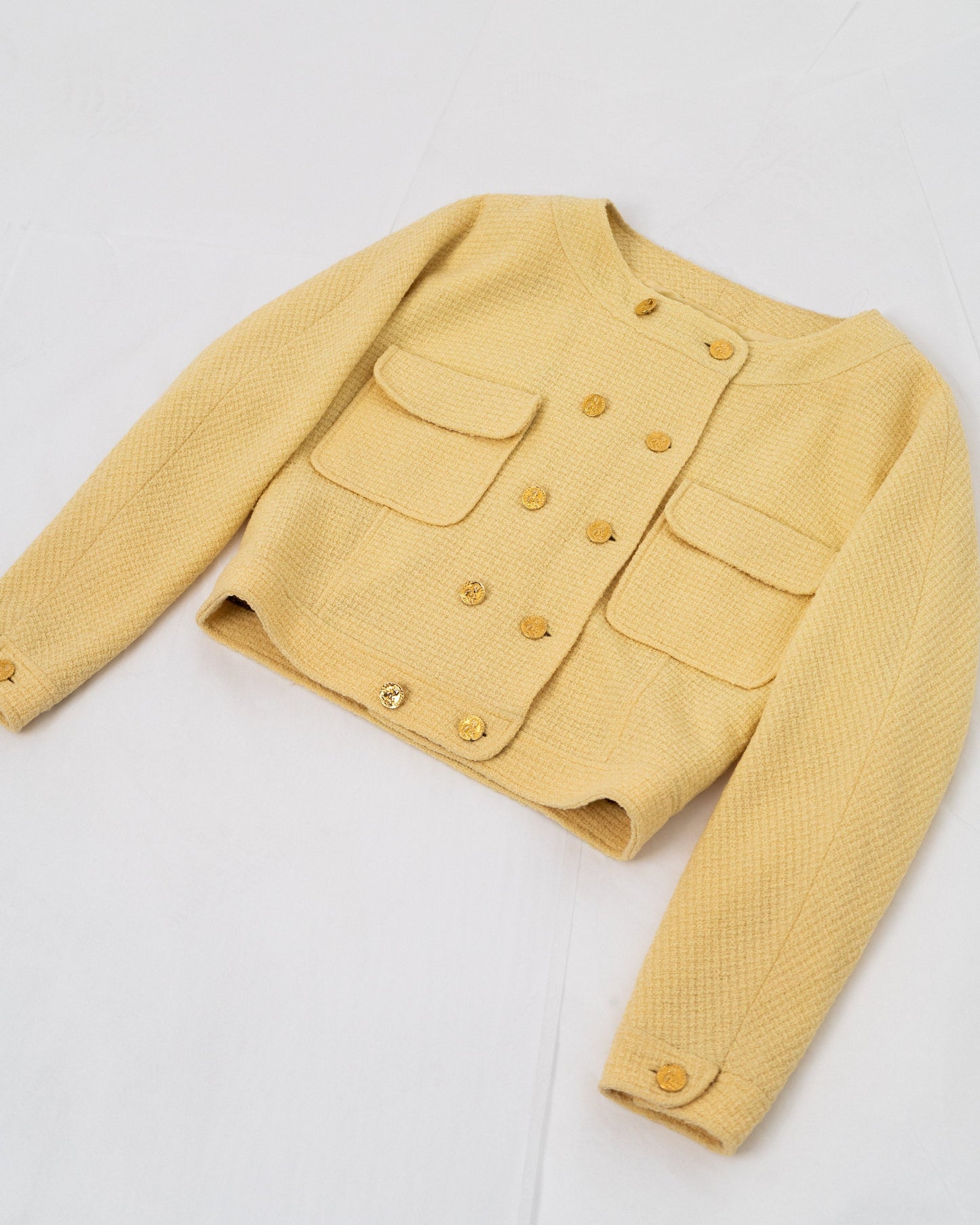 FR36 Chanel Spring 1988 Double-Breasted Cropped Jacket in Powder Yellow - Vintage Chanel Jacket - - Rarchive.