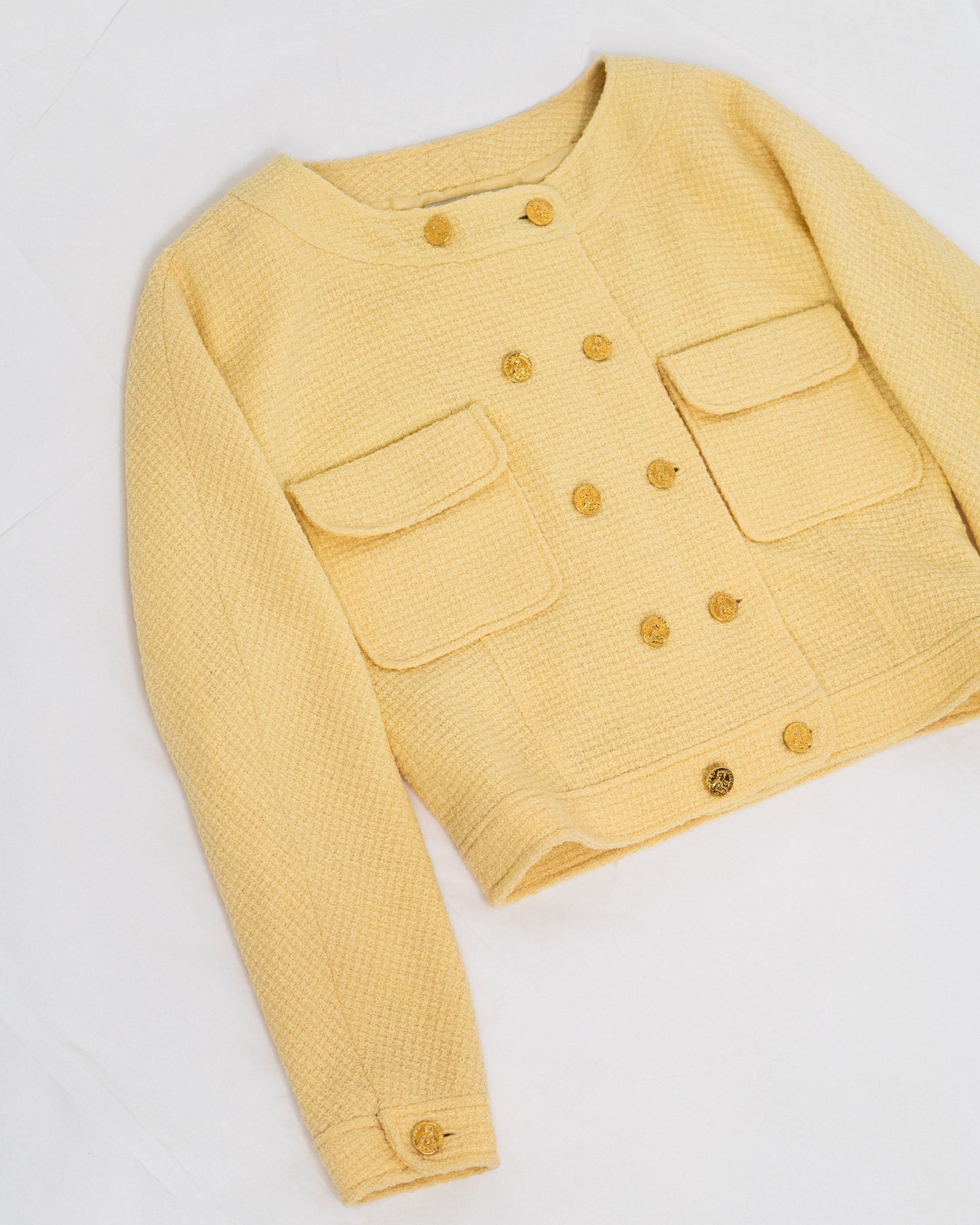FR36 Chanel Spring 1988 Double-Breasted Cropped Jacket in Powder Yellow - Vintage Chanel Jacket - - Rarchive.