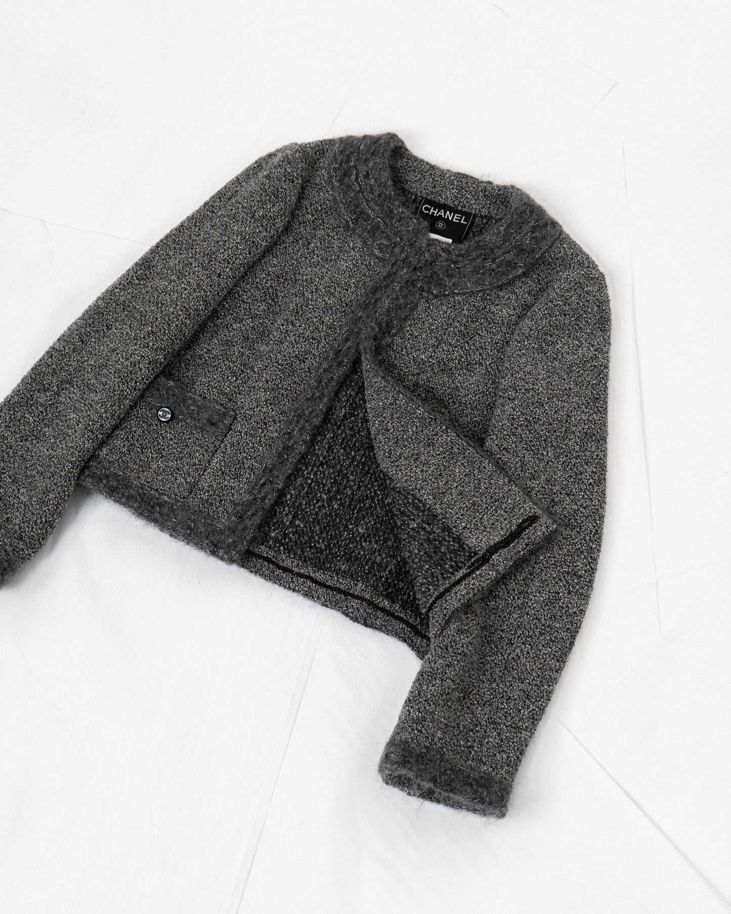 FR40 Rare Chanel Fall 1998 Two Pocketed Wool Mohair Blend Jacket in Grey - Vintage Chanel Jacket - - Rarchive.