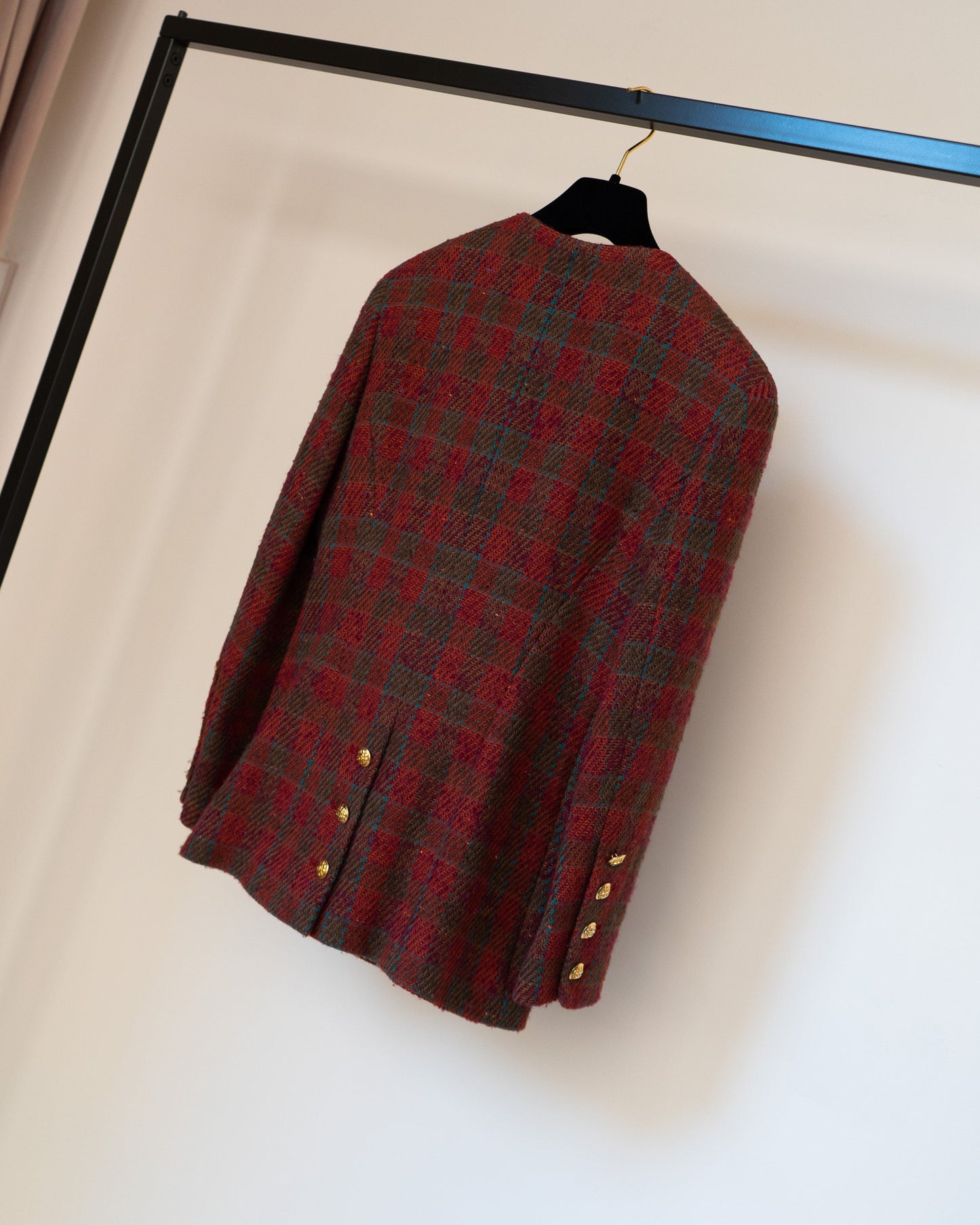 FR38-40 Chanel Late 1980s Collarless Four-Pocketed Plaid Wool Tweed Jacket