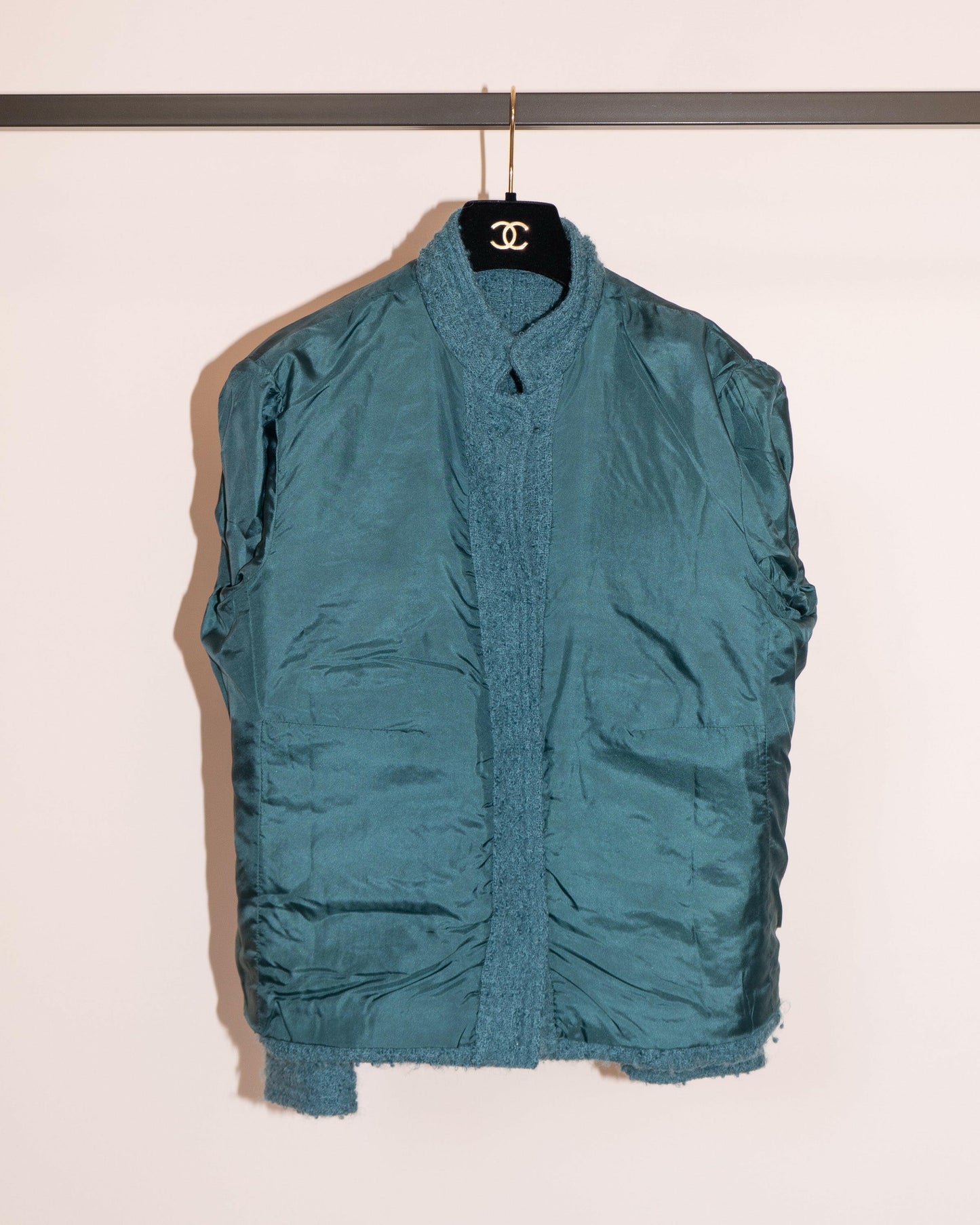 FR40-42 Chanel Mid-1980s Two-Pocketed Stand Up Collar Chanel No5 Bottle Button Details Teal Tweed Boucle Jacket - Vintage Chanel Jacket - - Rarchive.