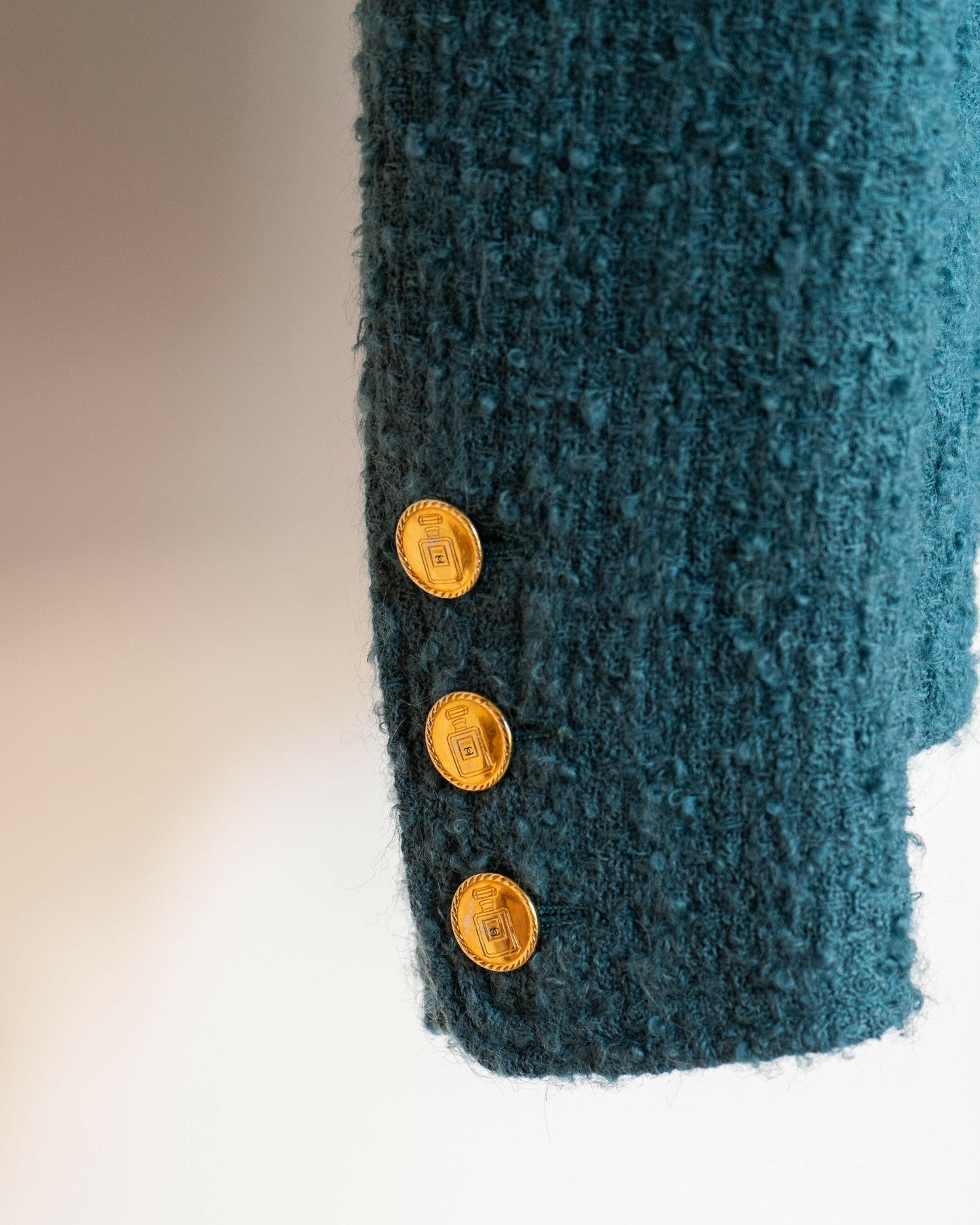 FR40-42 Chanel Mid-1980s Two-Pocketed Stand Up Collar Chanel No5 Bottle Button Details Teal Tweed Boucle Jacket - Vintage Chanel Jacket - - Rarchive.
