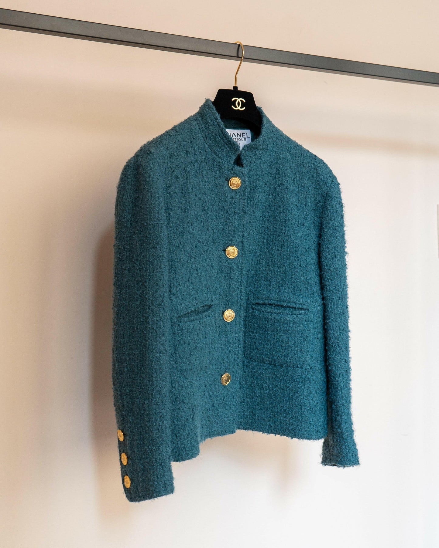 FR40-42 Chanel Mid-1980s Two-Pocketed Stand Up Collar Chanel No5 Bottle Button Details Teal Tweed Boucle Jacket