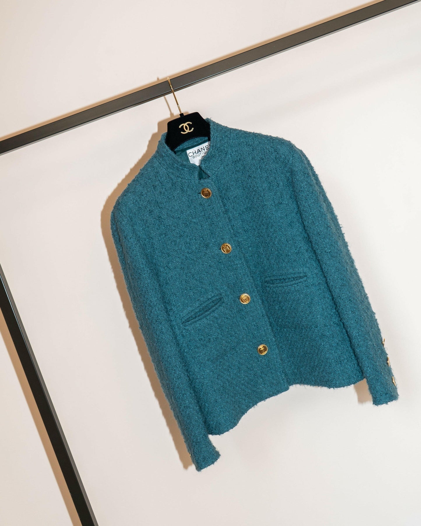 FR40-42 Chanel Mid-1980s Two-Pocketed Stand Up Collar Chanel No5 Bottle Button Details Teal Tweed Boucle Jacket