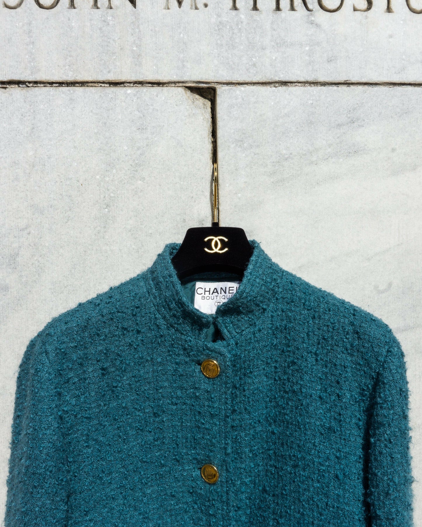 FR40-42 Chanel Mid-1980s Two-Pocketed Stand Up Collar Chanel No5 Bottle Button Details Teal Tweed Boucle Jacket