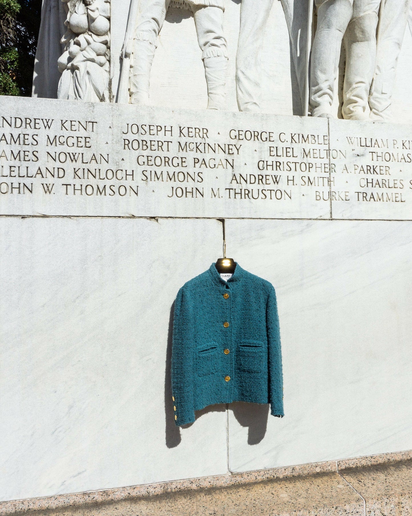 FR40-42 Chanel Mid-1980s Two-Pocketed Stand Up Collar Chanel No5 Bottle Button Details Teal Tweed Boucle Jacket