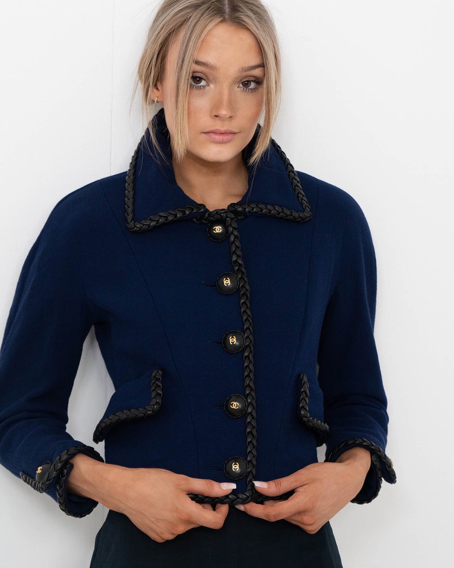FR36 Chanel Fall 1989 Leather Trim Cropped Wool Jacket in Dark Blue - Vintage Chanel Jacket - - Rarchive.