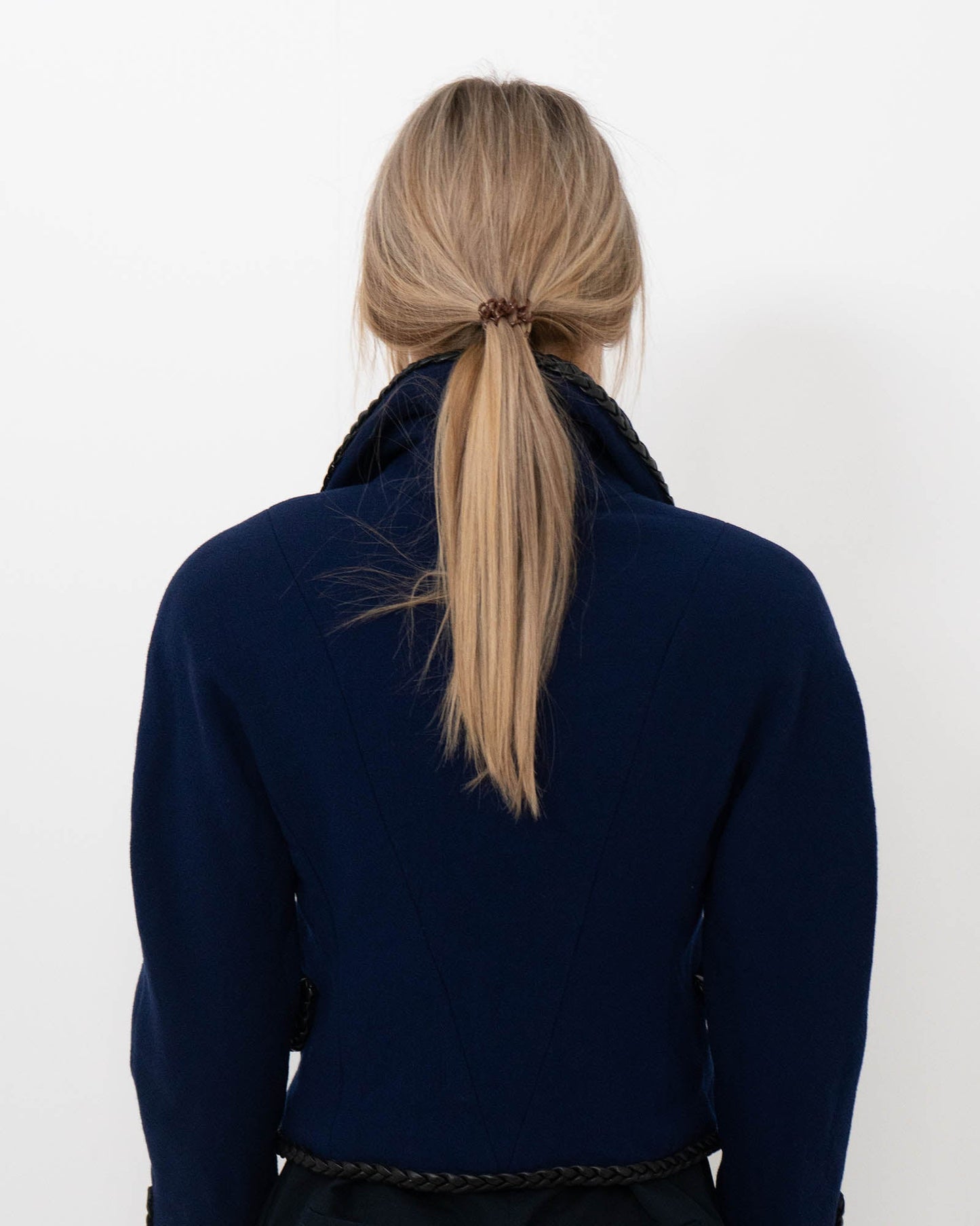FR36 Chanel Fall 1989 Leather Trim Cropped Wool Jacket in Dark Blue - Vintage Chanel Jacket - - Rarchive.