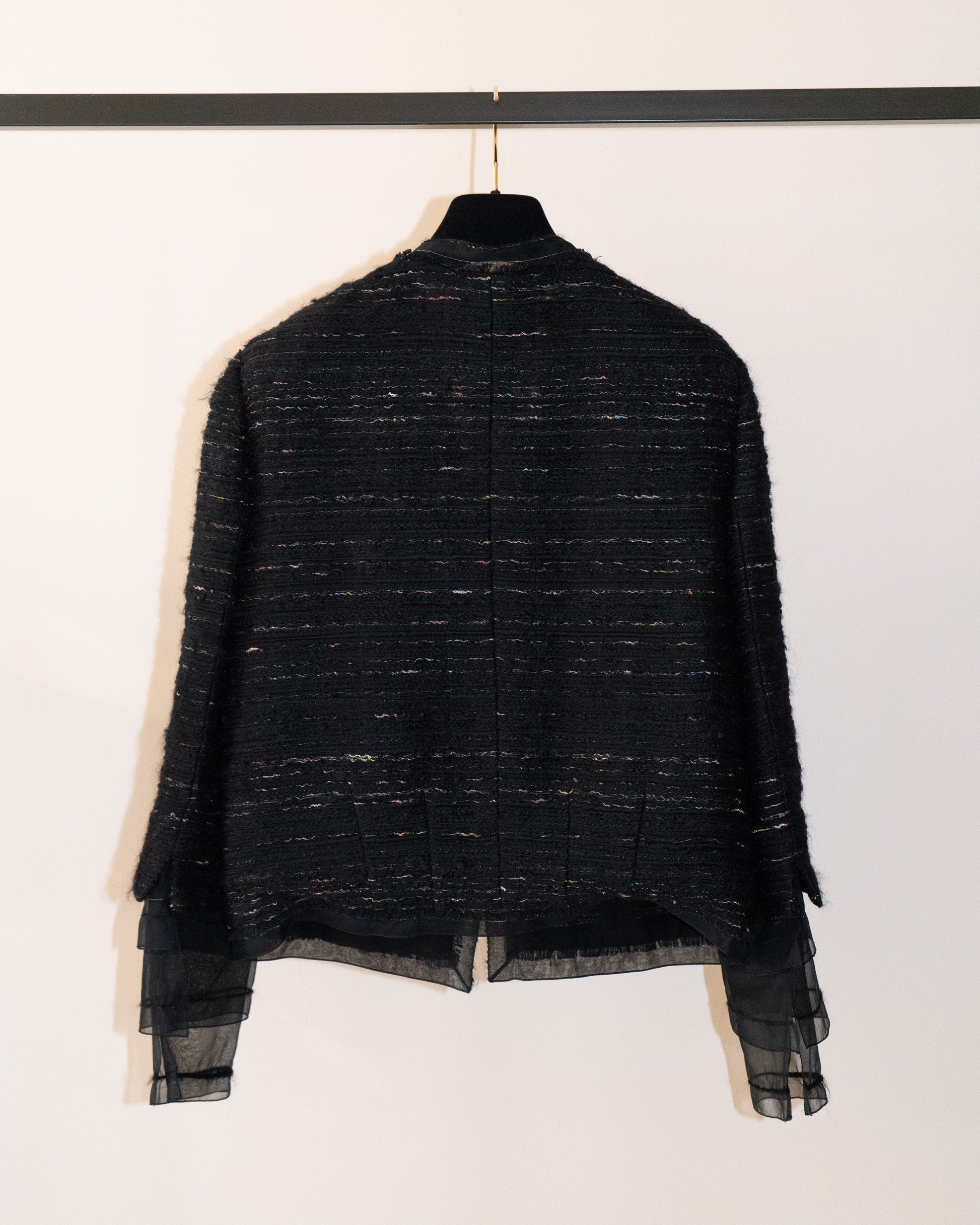 FR40-42 Chanel Fall 2004 Chiffon Details Two Pocketed Collarless Tweed Jacket - Vintage Chanel Jacket -   - Rarchive.