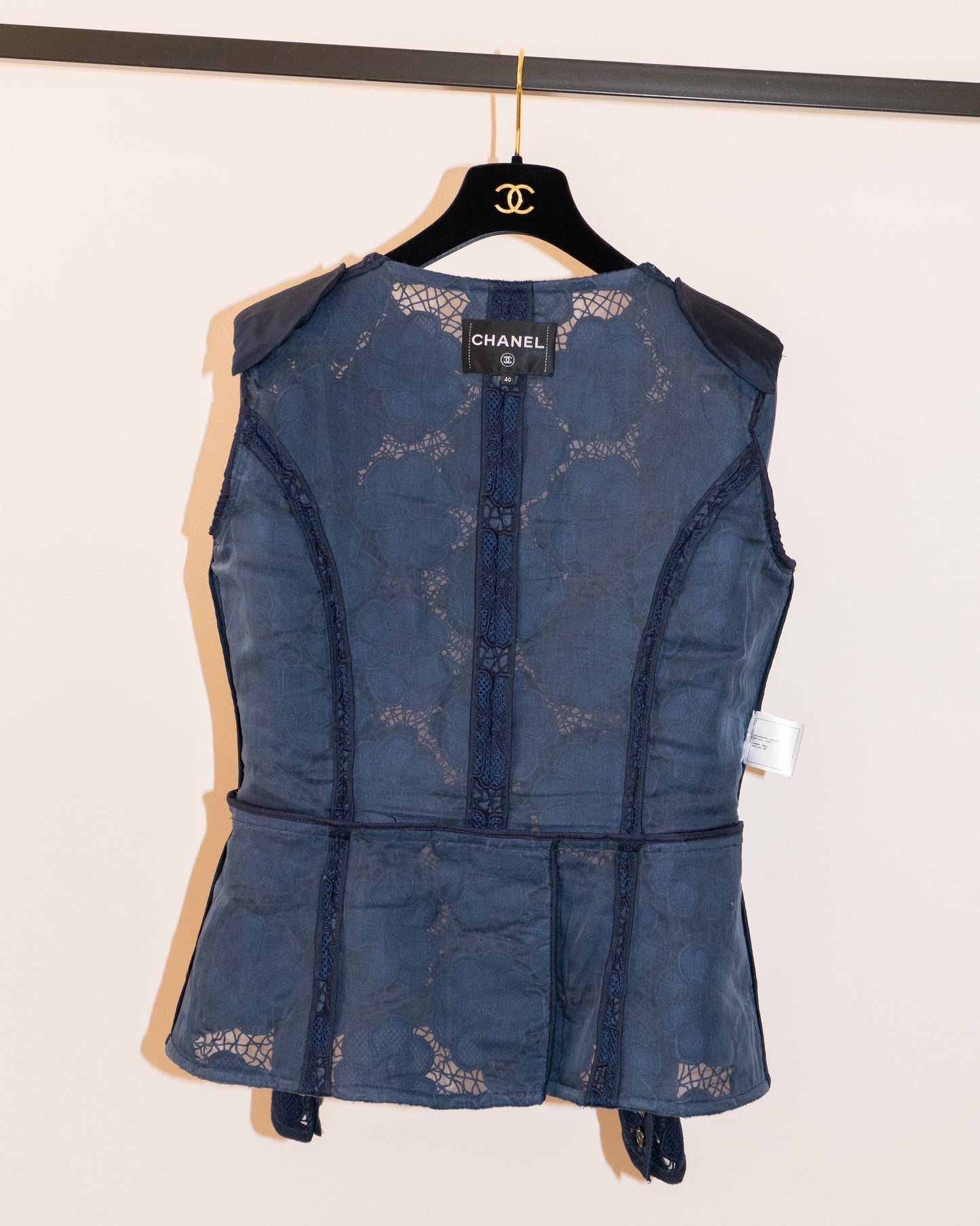 FR40-42 Rare Chanel Spring 2016 Collarless Four-Pocketed Navy Camellia Pattern Guipure Lace Jacket - Vintage Chanel Jacket -   - Rarchive.