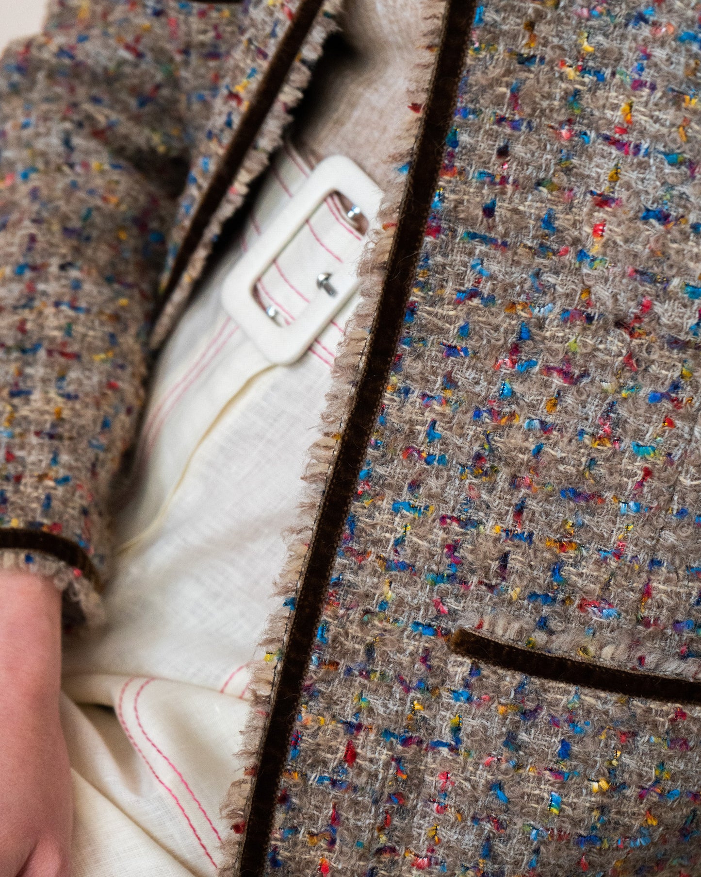FR40-42 Chanel Fall 1990 Collarless Four-Pocketed Velvet Detail Multicolor Fantasy Tweed Jacket - Vintage Chanel Jacket - - Rarchive.