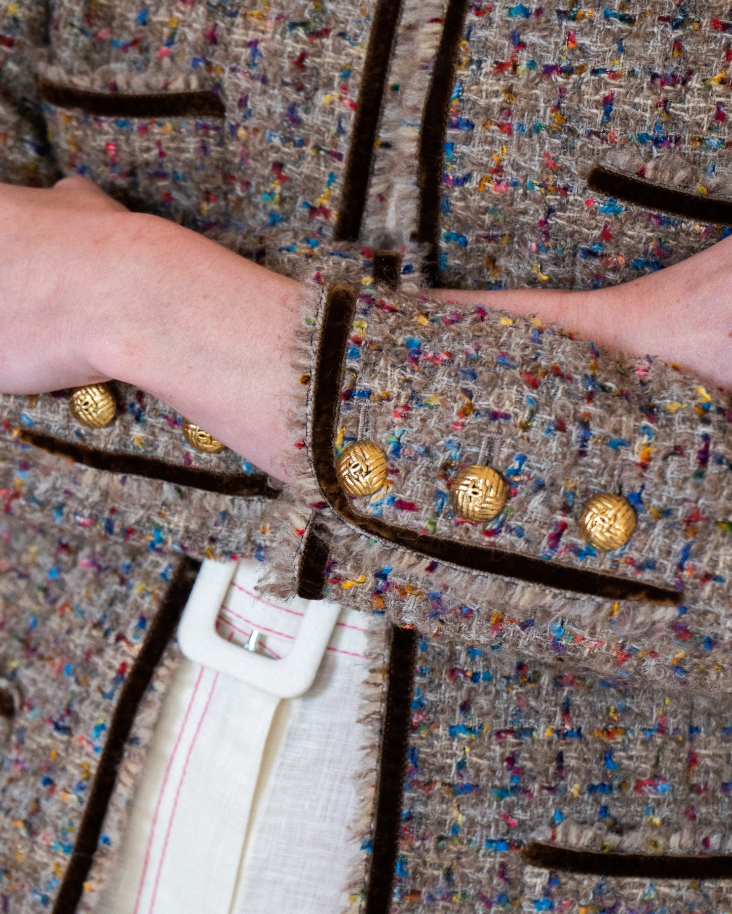 FR40-42 Chanel Fall 1990 Collarless Four-Pocketed Velvet Detail Multicolor Fantasy Tweed Jacket - Vintage Chanel Jacket - - Rarchive.