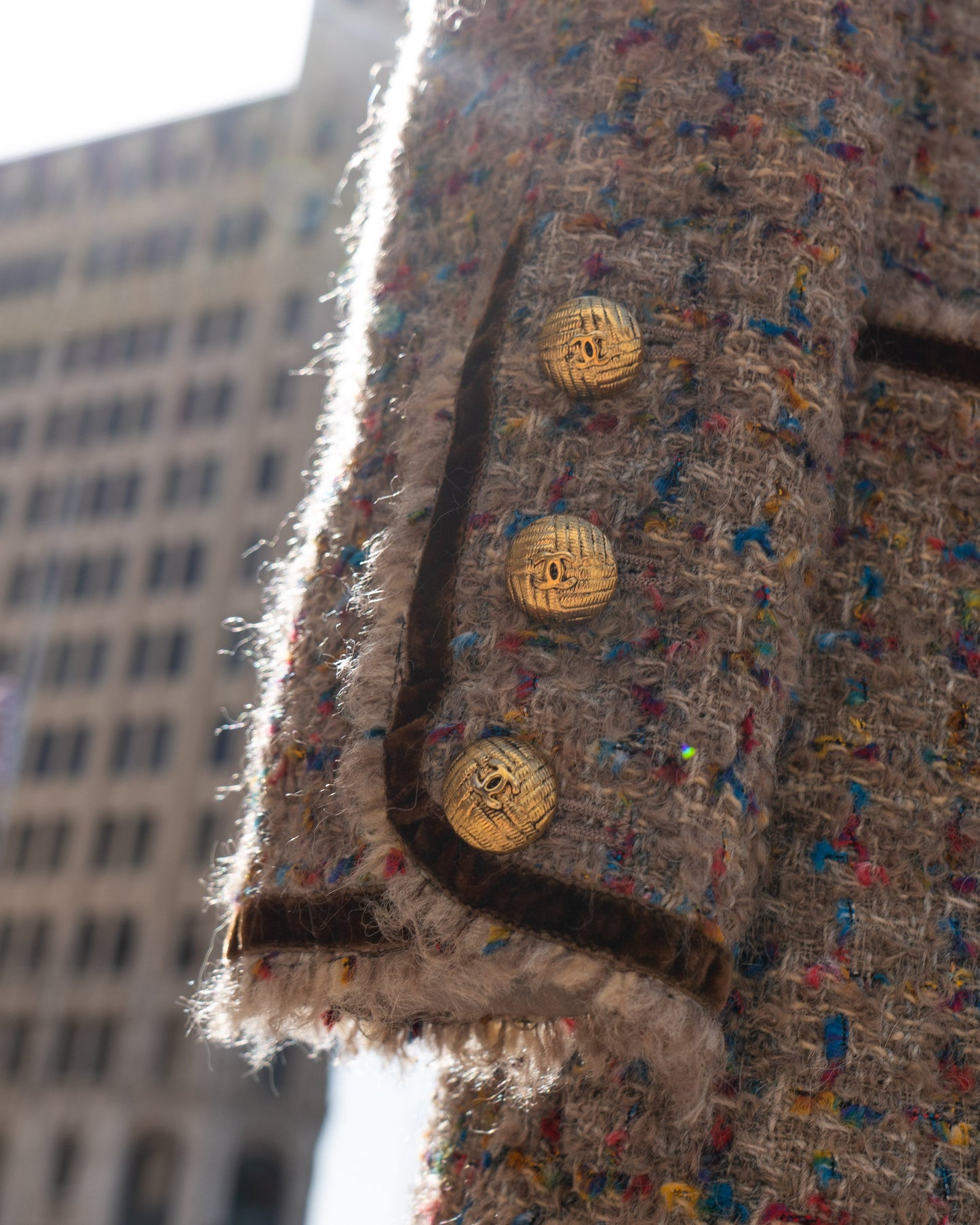 FR40-42 Chanel Fall 1990 Collarless Four-Pocketed Velvet Detail Multicolor Fantasy Tweed Jacket - Vintage Chanel Jacket - - Rarchive.