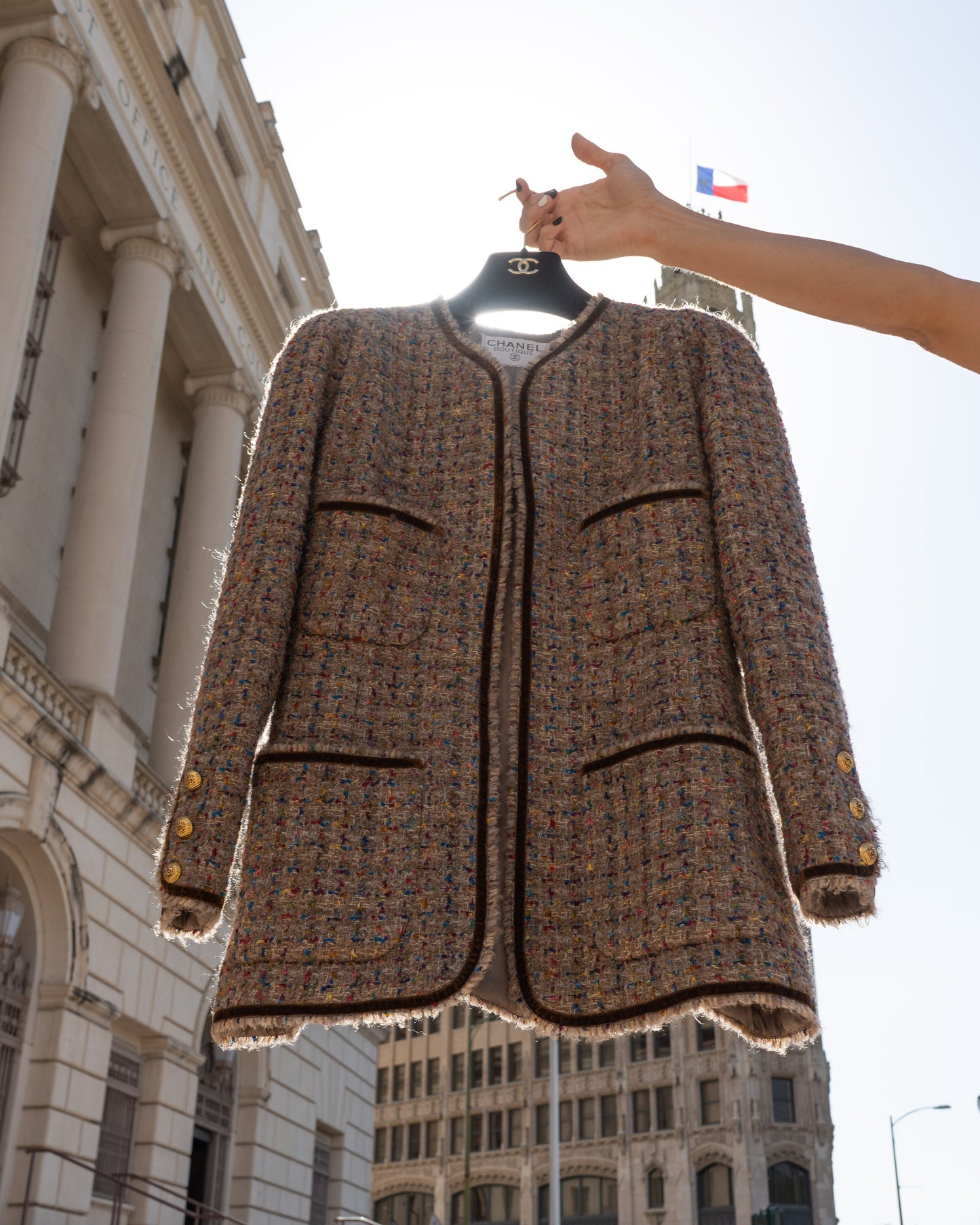 FR40-42 Chanel Fall 1990 Collarless Four-Pocketed Velvet Detail Multicolor Fantasy Tweed Jacket - Vintage Chanel Jacket - - Rarchive.