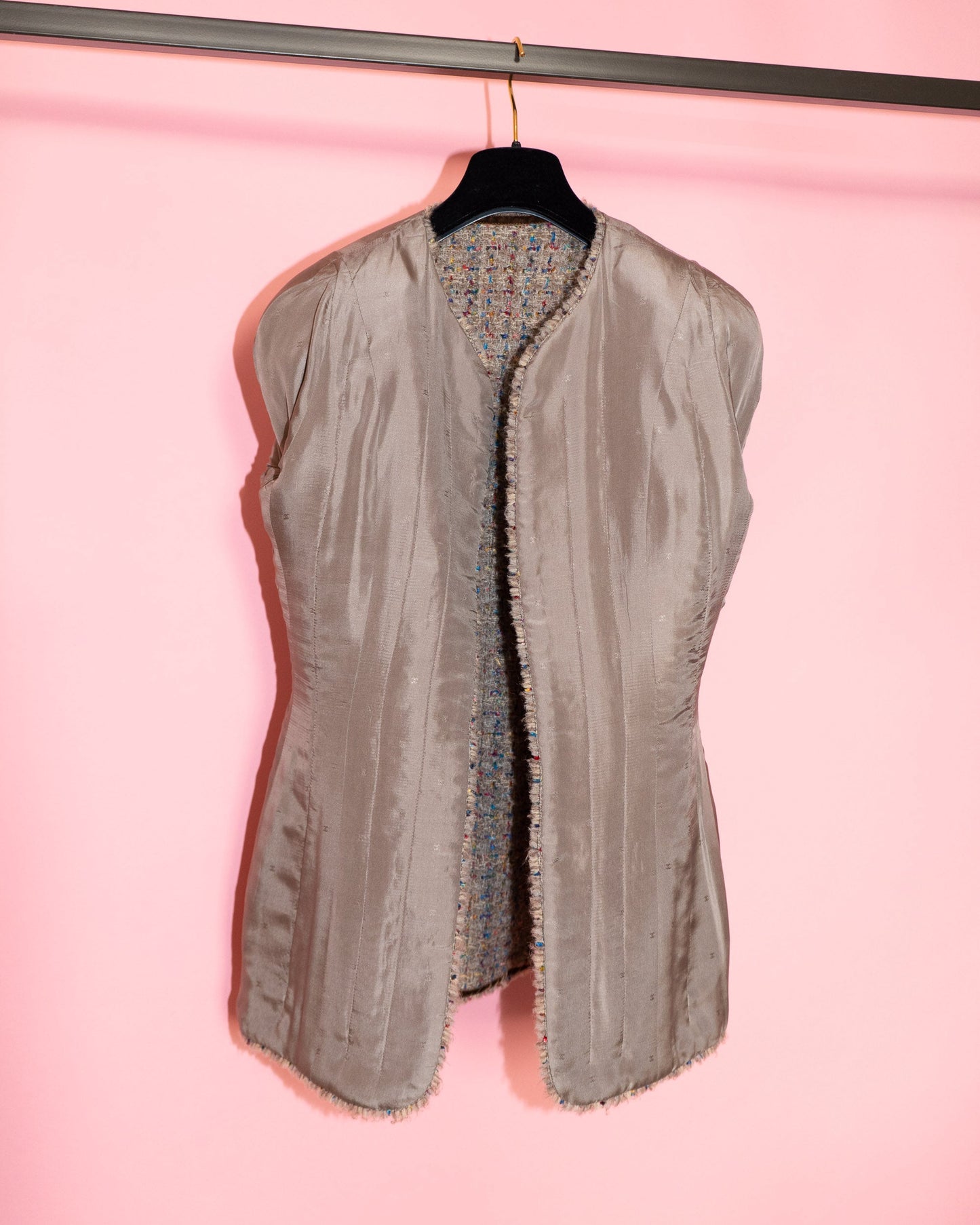 FR40-42 Chanel Fall 1990 Collarless Four-Pocketed Velvet Detail Multicolor Fantasy Tweed Jacket - Vintage Chanel Jacket - - Rarchive.