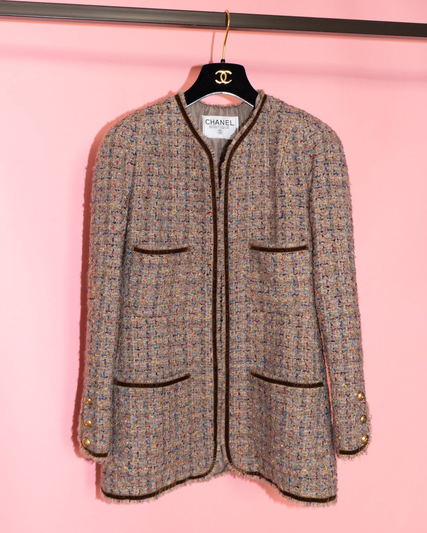 FR40-42 Chanel Fall 1990 Collarless Four-Pocketed Velvet Detail Multicolor Fantasy Tweed Jacket - Vintage Chanel Jacket - - Rarchive.