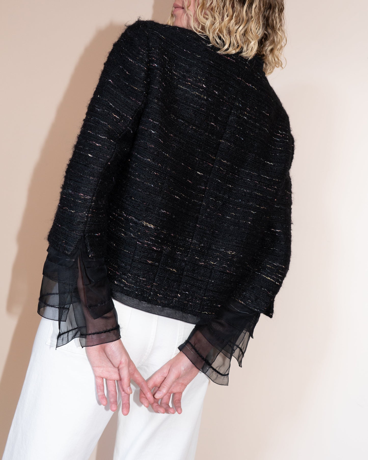 FR40-42 Chanel Fall 2004 Chiffon Details Two Pocketed Collarless Tweed Jacket - Vintage Chanel Jacket -   - Rarchive.