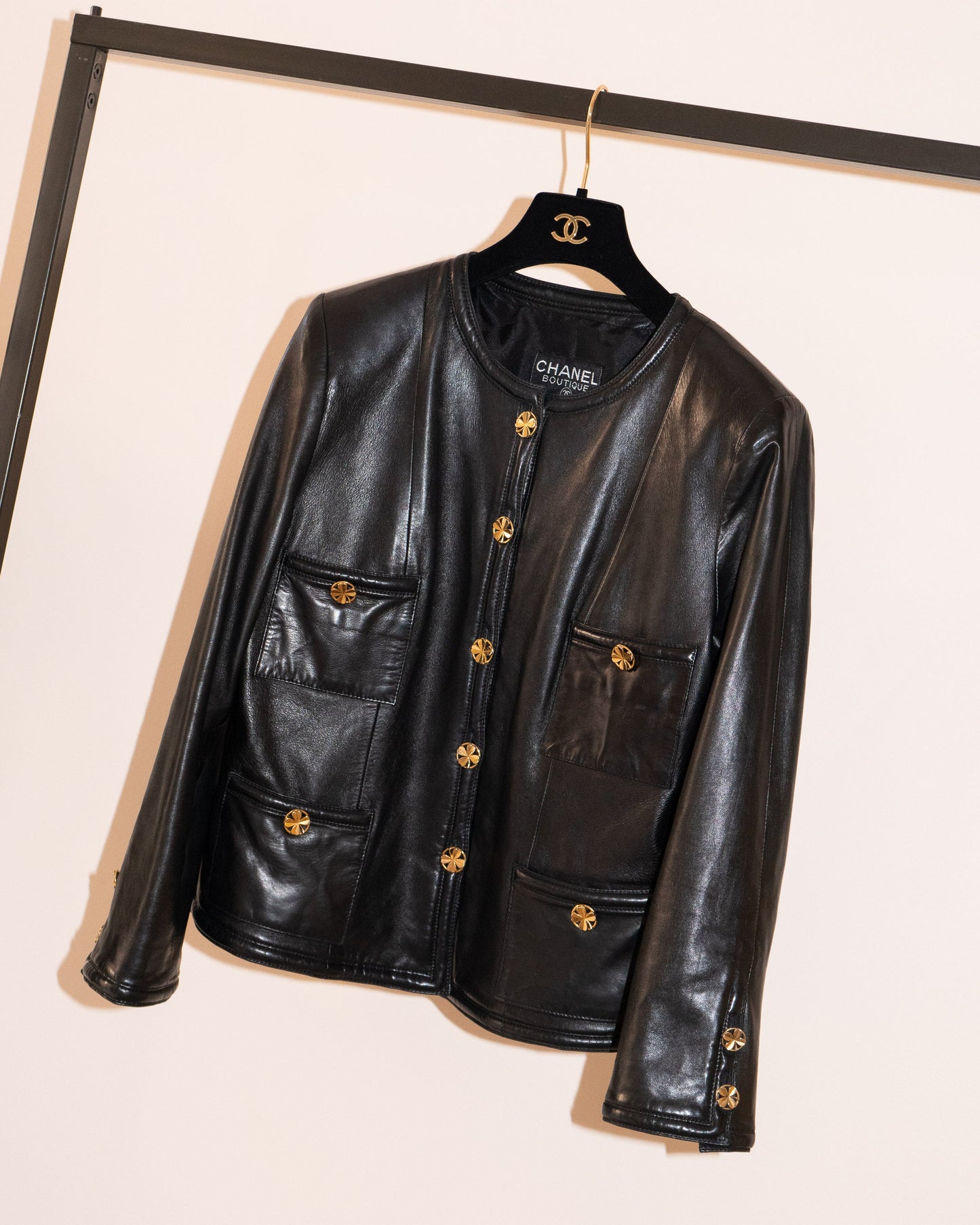 FR38-42 Rare Chanel Spring 1985 Four Pocketed Collarless Leather Jacket - Vintage Chanel Jacket - - Rarchive.