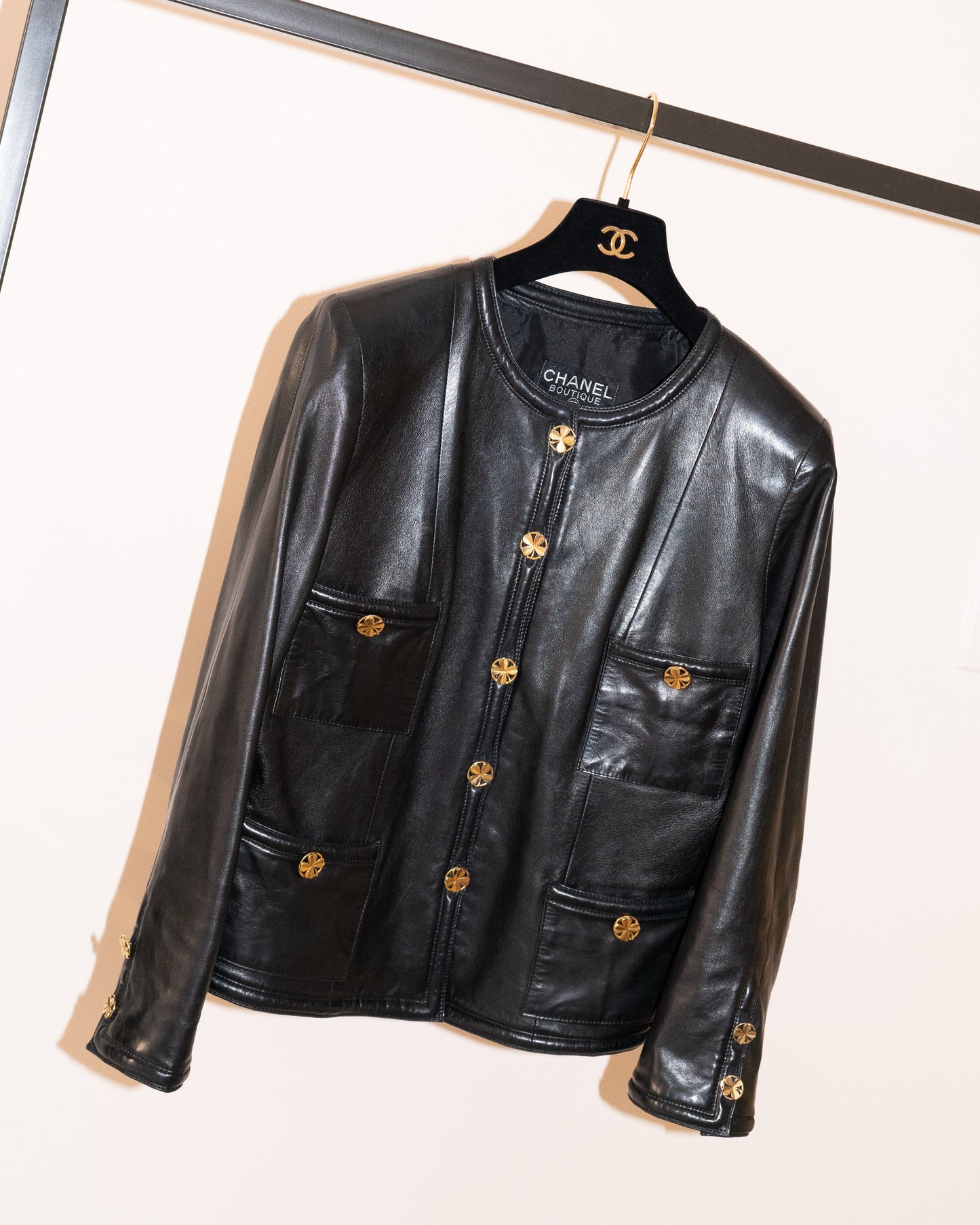 FR38-42 Rare Chanel Spring 1985 Four Pocketed Collarless Leather Jacket - Vintage Chanel Jacket - - Rarchive.