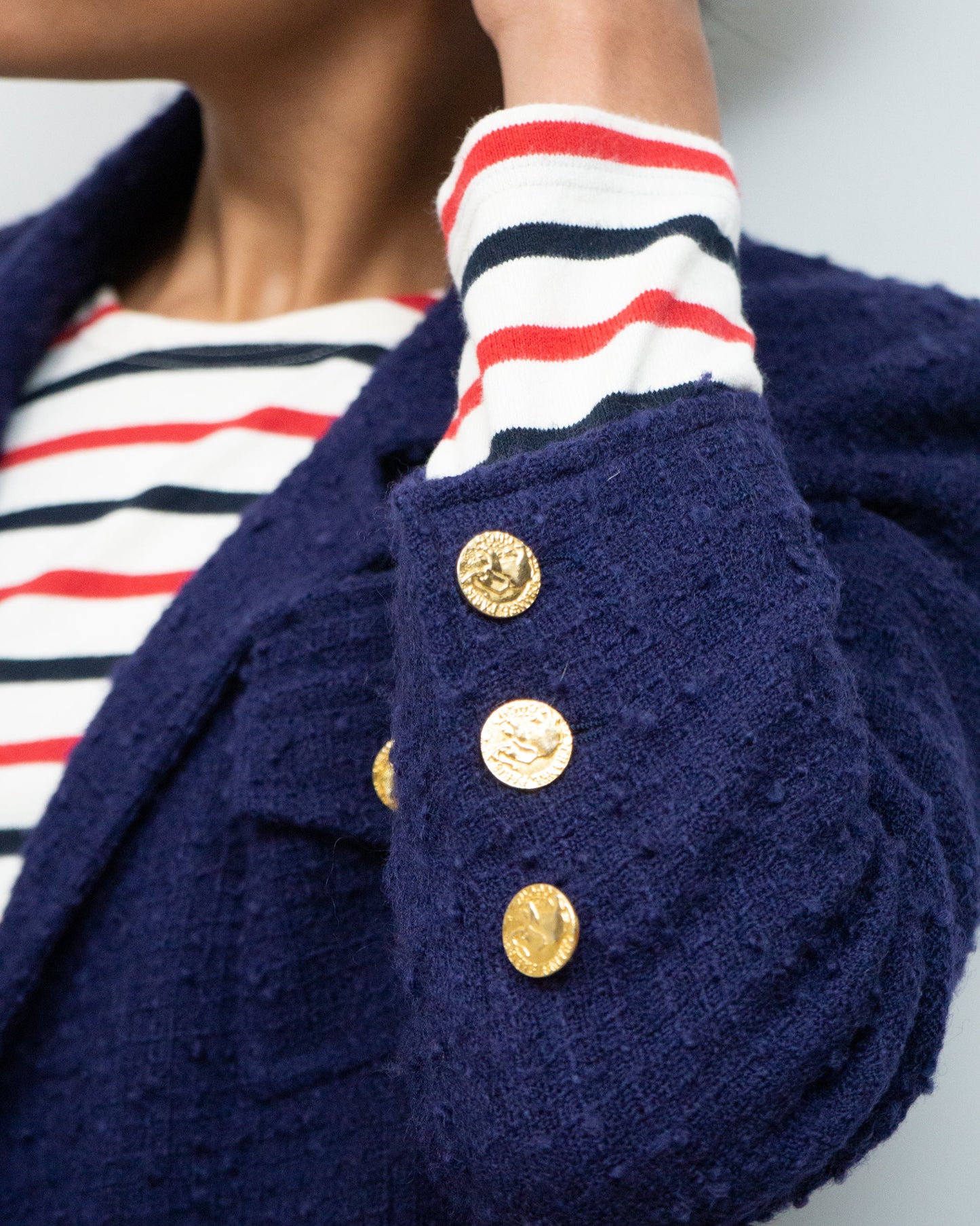 FR40-42 Chanel Fall 1987 Double Breasted Tweed Boucle Jacket in Navy - Vintage Chanel Jacket - Jacket - Rarchive.