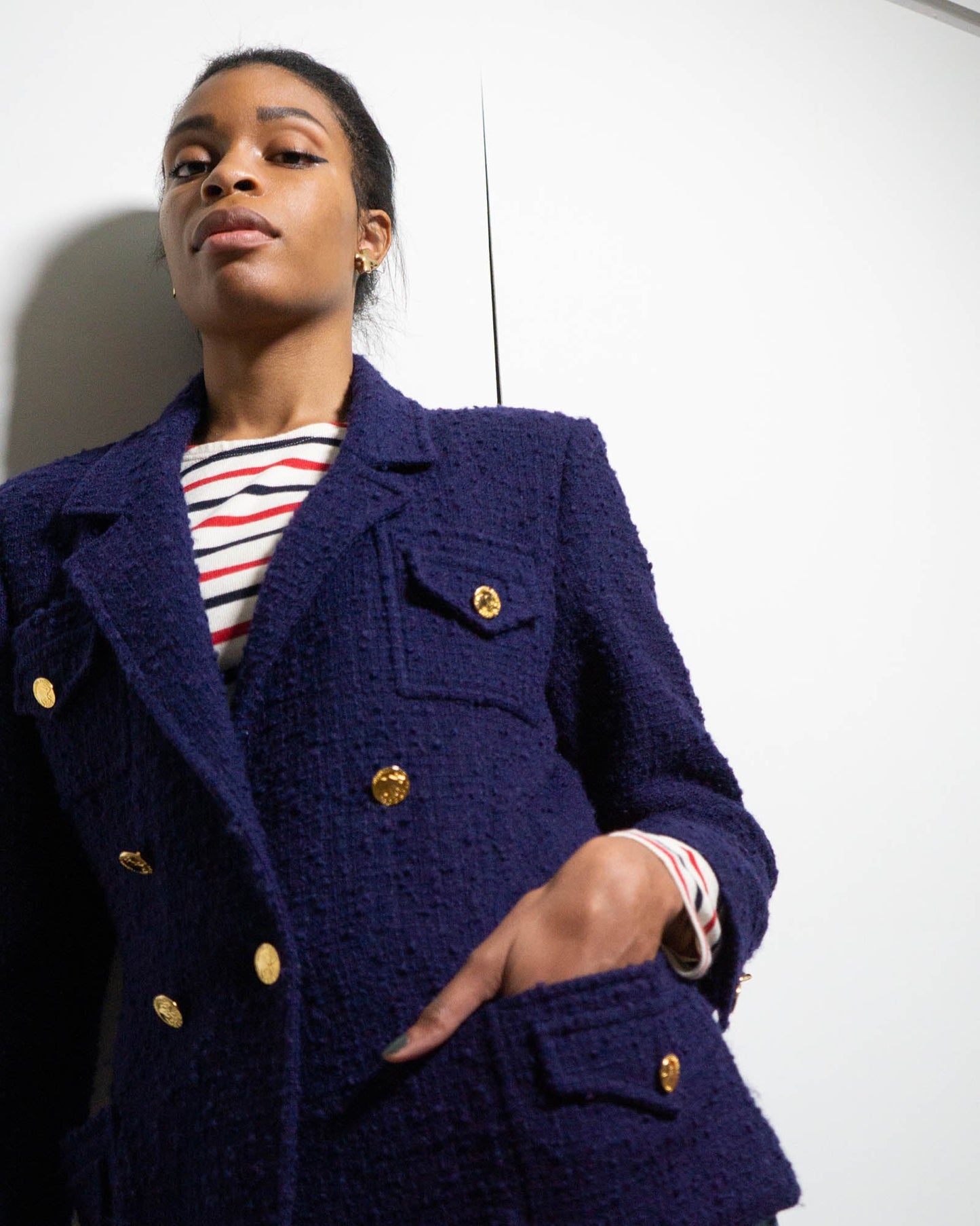 FR40-42 Chanel Fall 1987 Double Breasted Tweed Boucle Jacket in Navy - Vintage Chanel Jacket - Jacket - Rarchive.