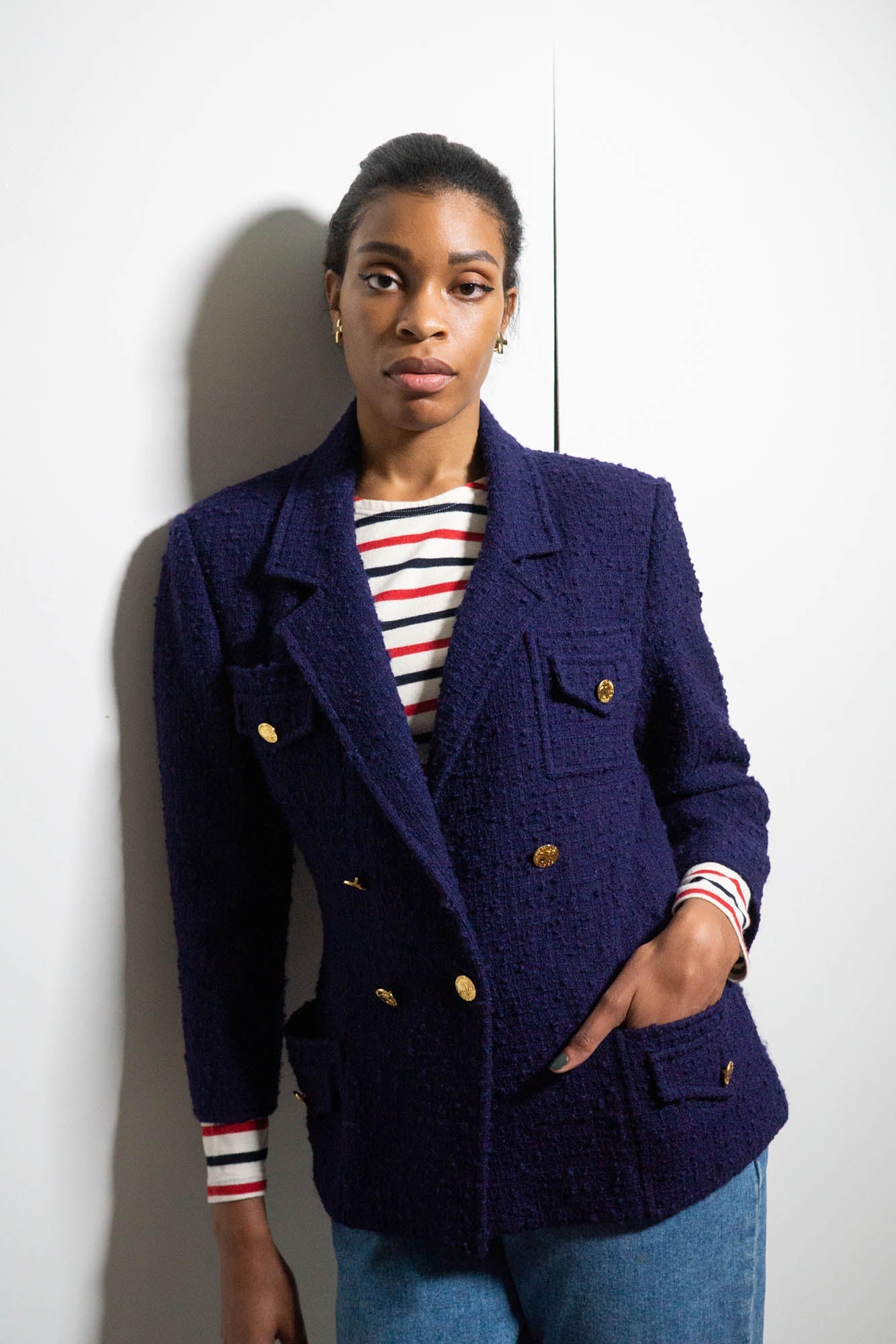 FR40-42 Chanel Fall 1987 Double Breasted Tweed Boucle Jacket in Navy - Vintage Chanel Jacket - Jacket - Rarchive.