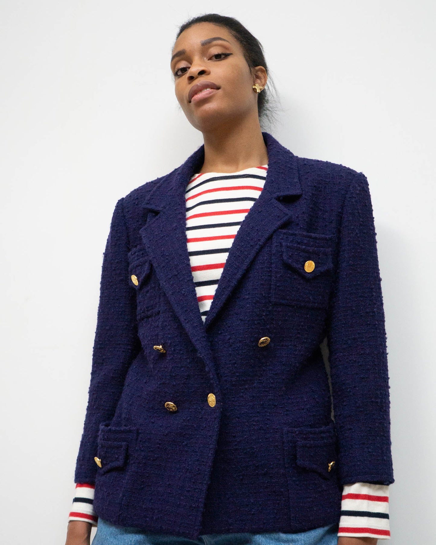FR40-42 Chanel Fall 1987 Double Breasted Tweed Boucle Jacket in Navy - Vintage Chanel Jacket - Jacket - Rarchive.